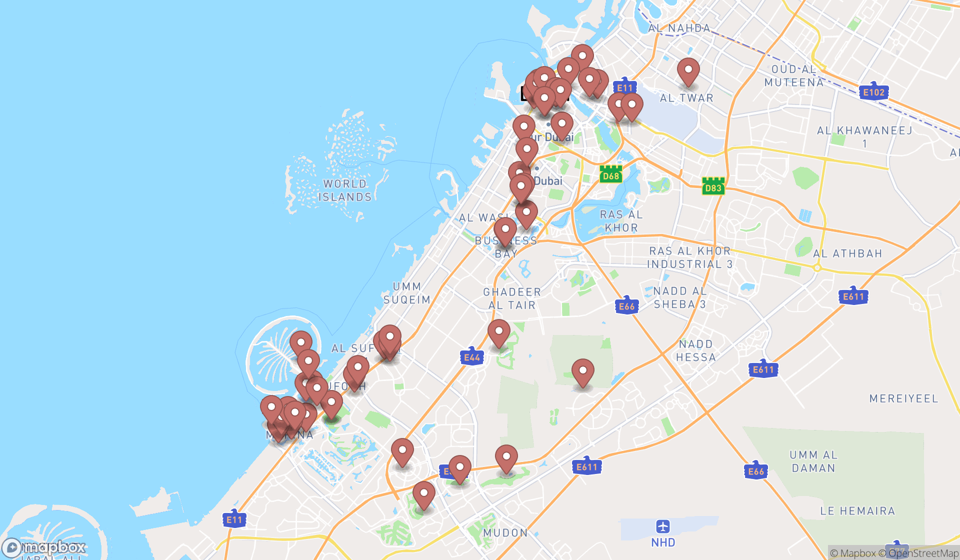 Map showing the search results in Dubai