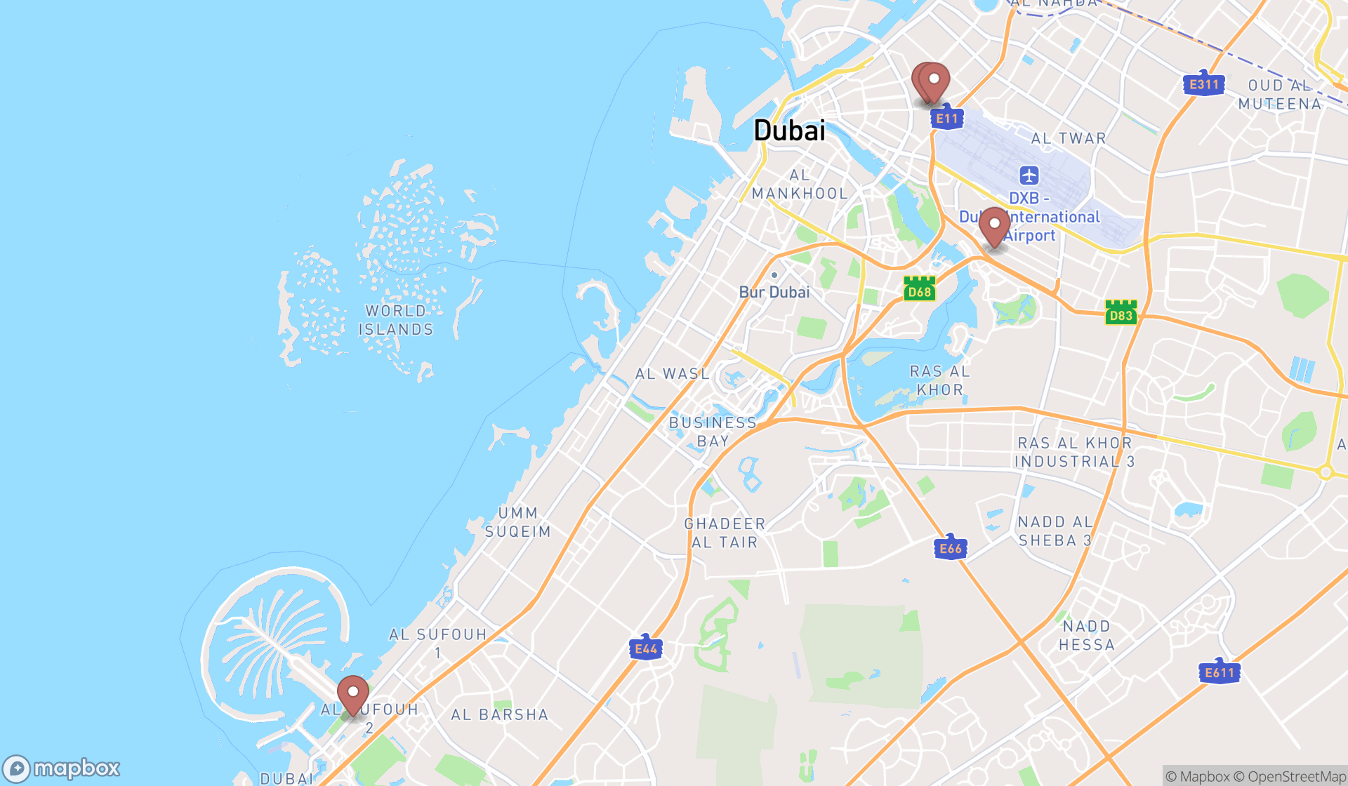 Map showing the search results in Dubai