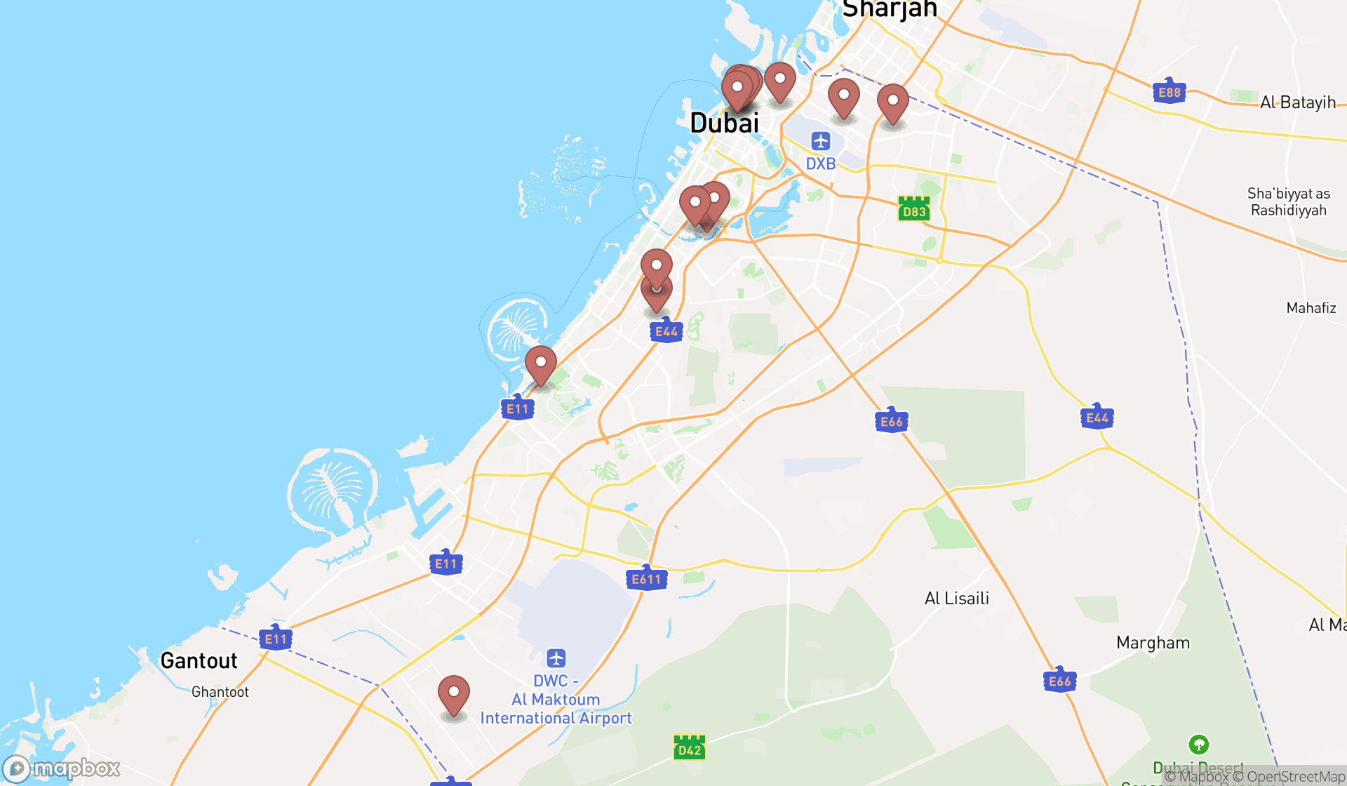 Map showing the search results in Dubai