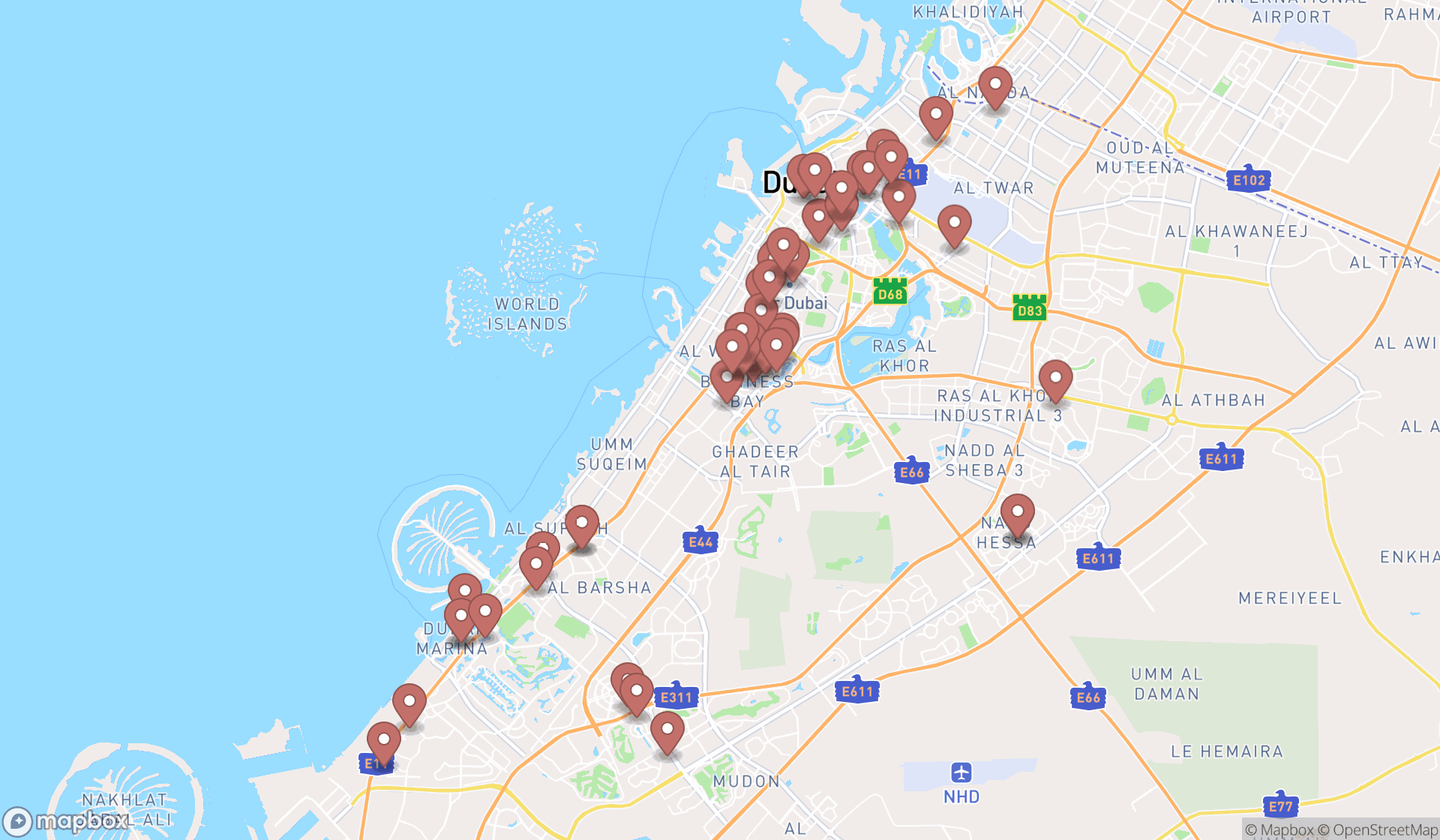 Map showing the search results in Dubai