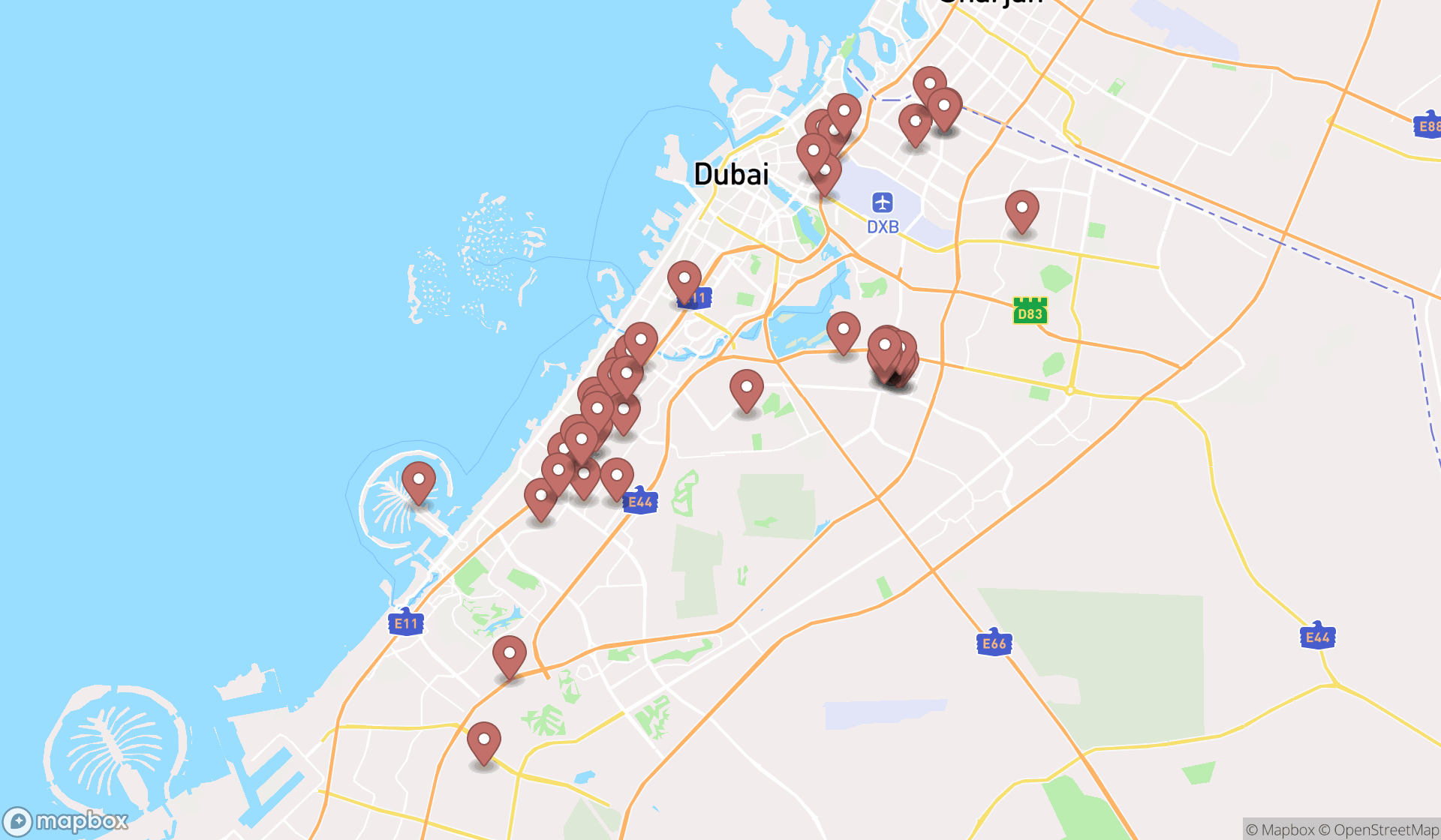 Map showing the search results in Dubai