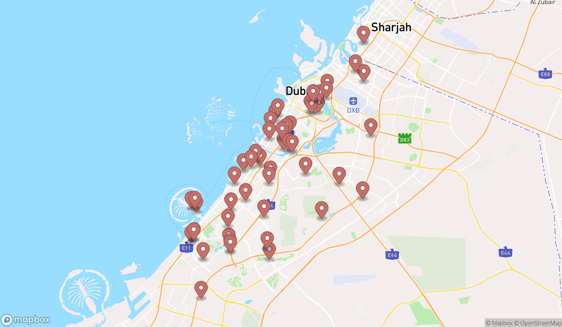 Map showing the search results in Dubai