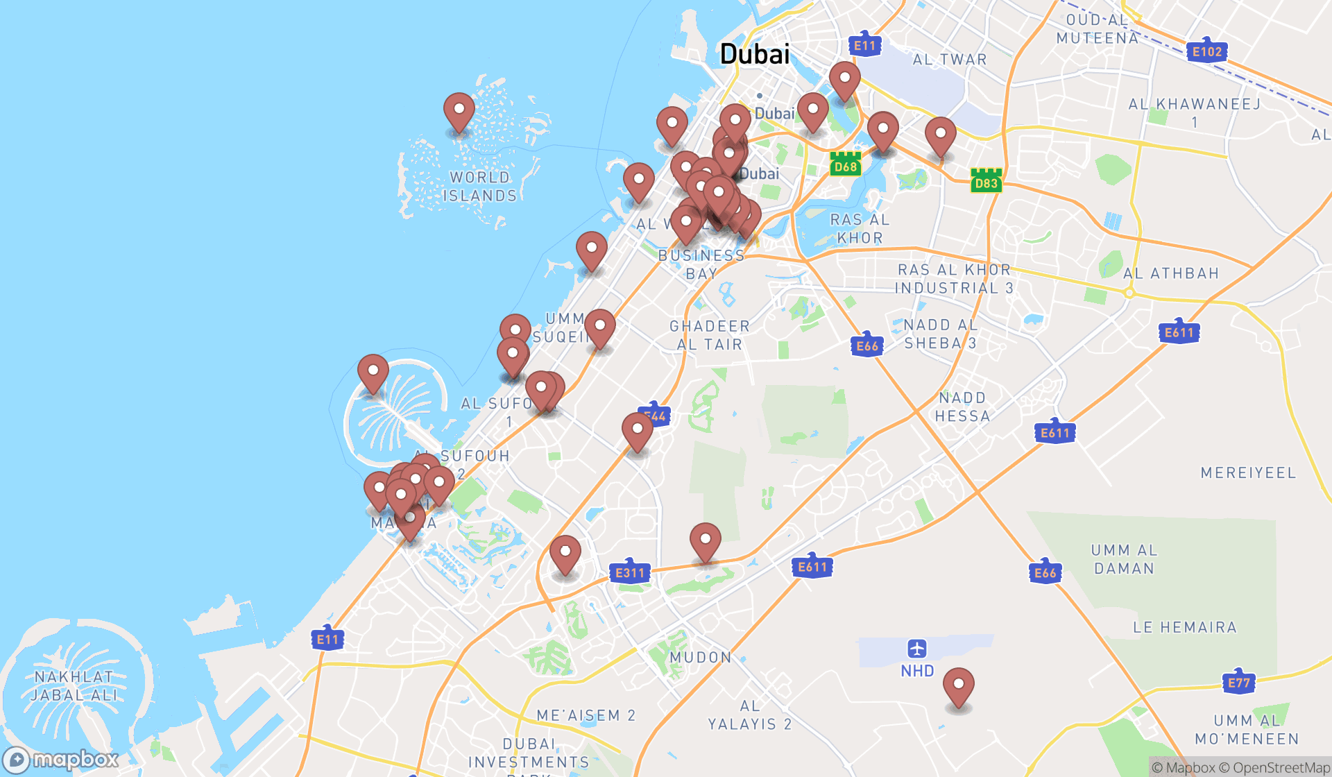 Map showing the search results in Dubai