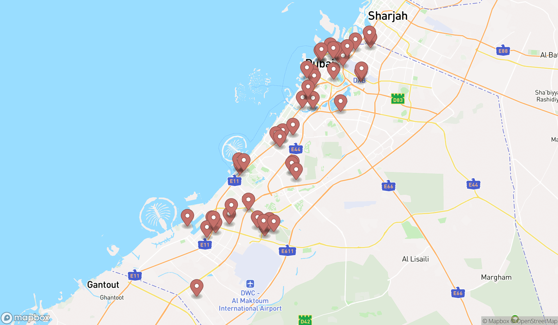 Map showing the search results in Dubai