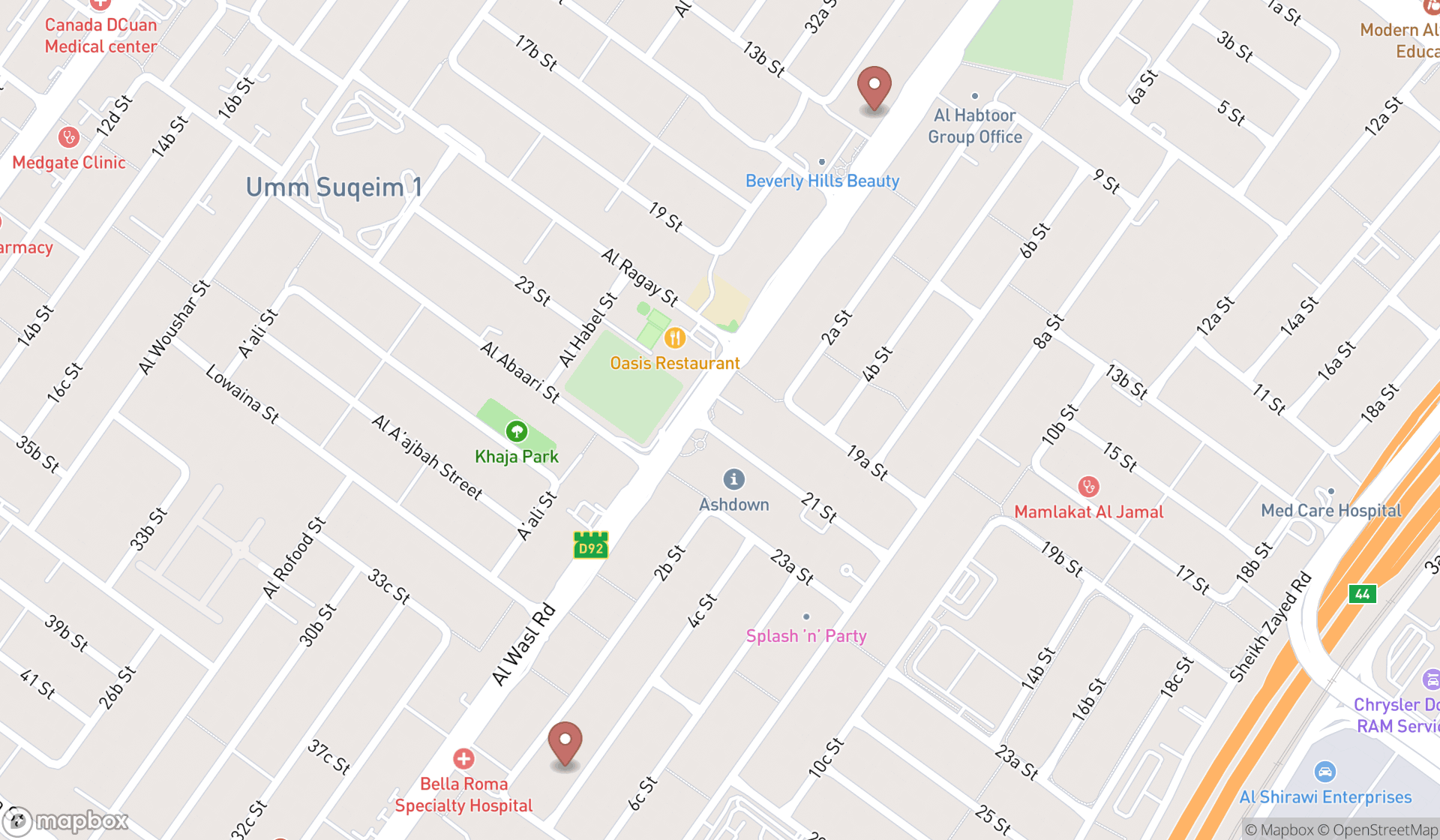 Map showing the search results in Dubai