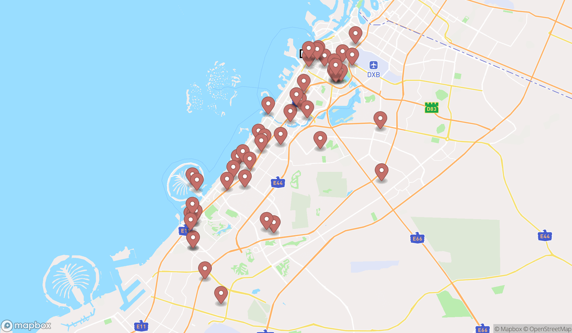 Map showing the search results in Dubai