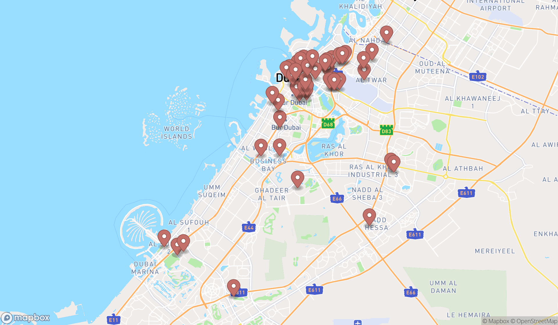Map showing the search results in Dubai