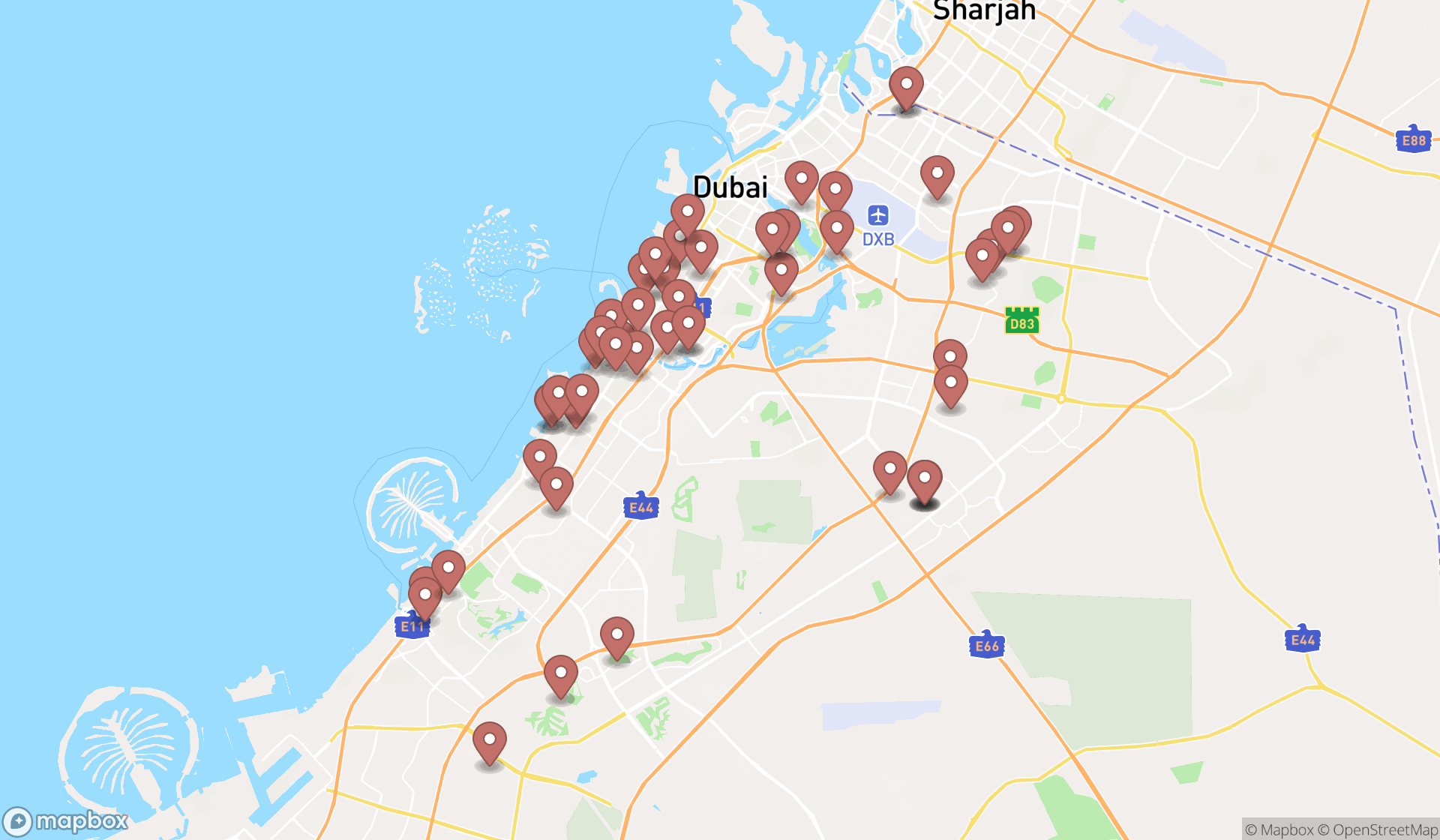 Map showing the search results in Dubai
