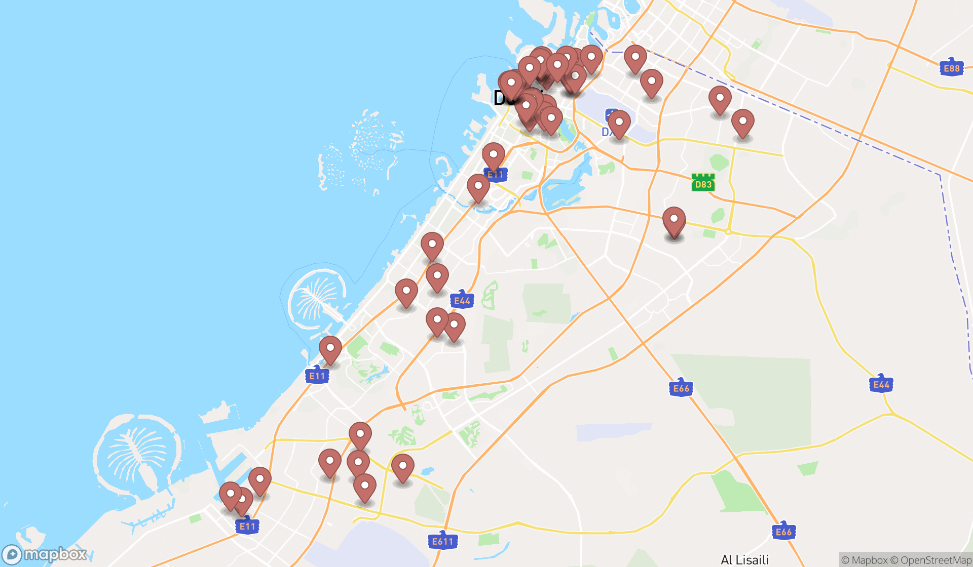 Map showing the search results in Dubai