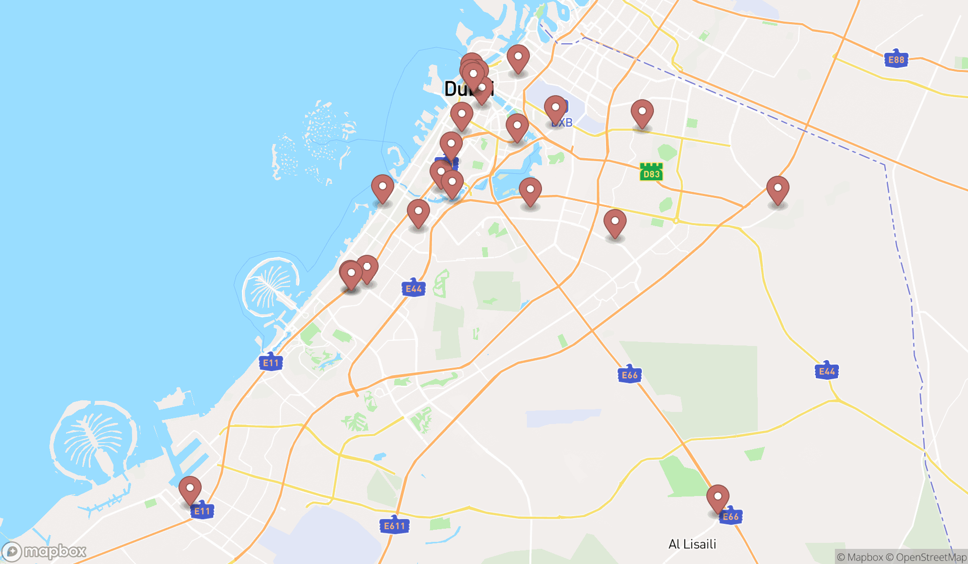 Map showing the search results in Dubai