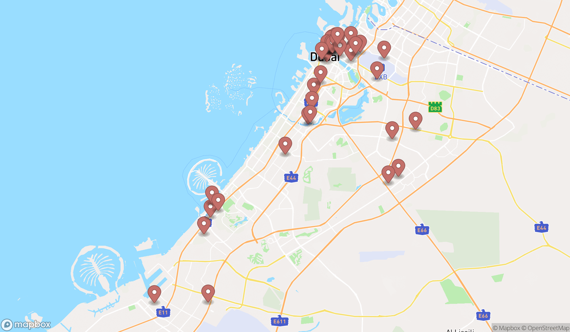 Map showing the search results in Dubai
