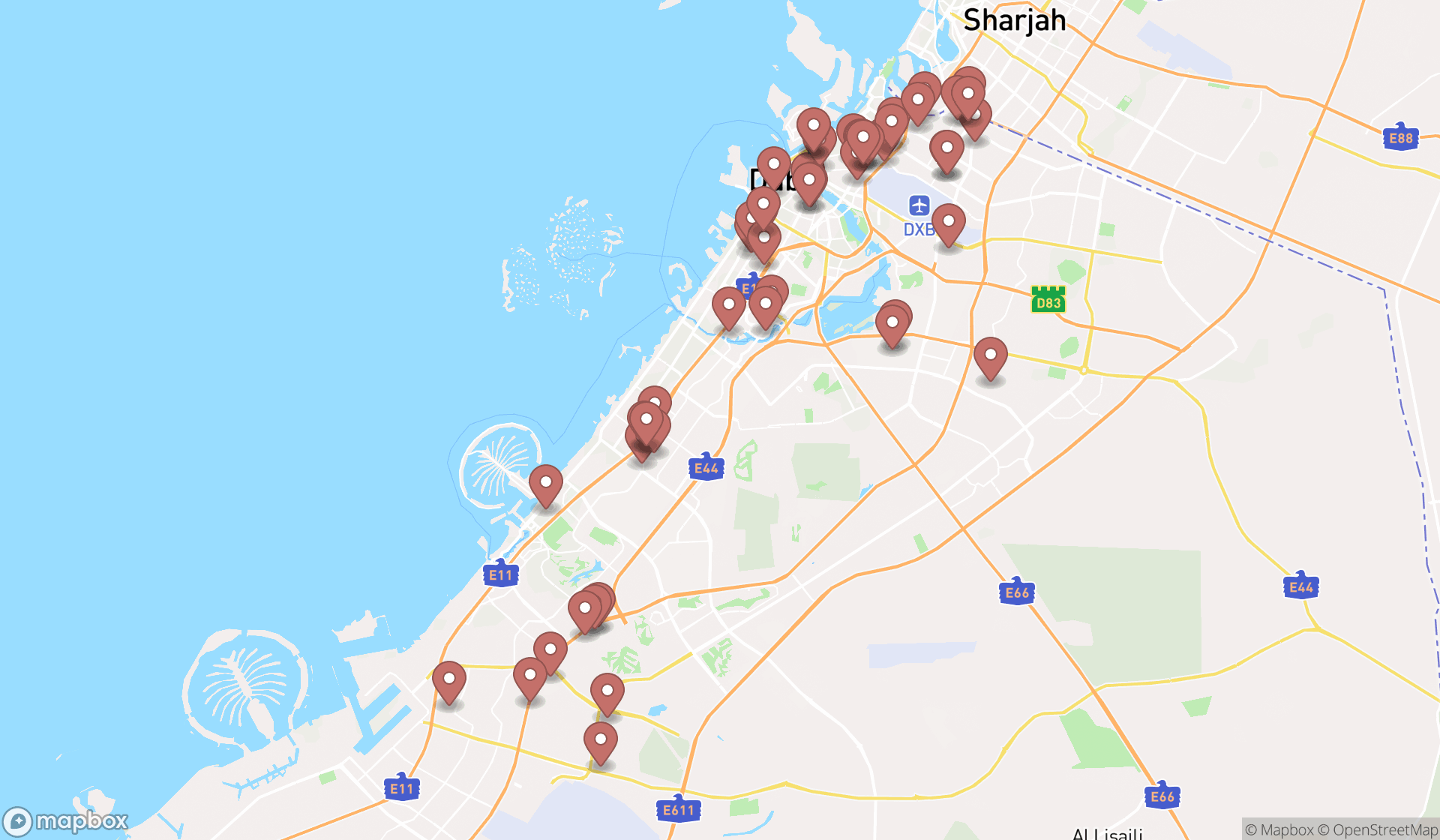 Map showing the search results in Dubai