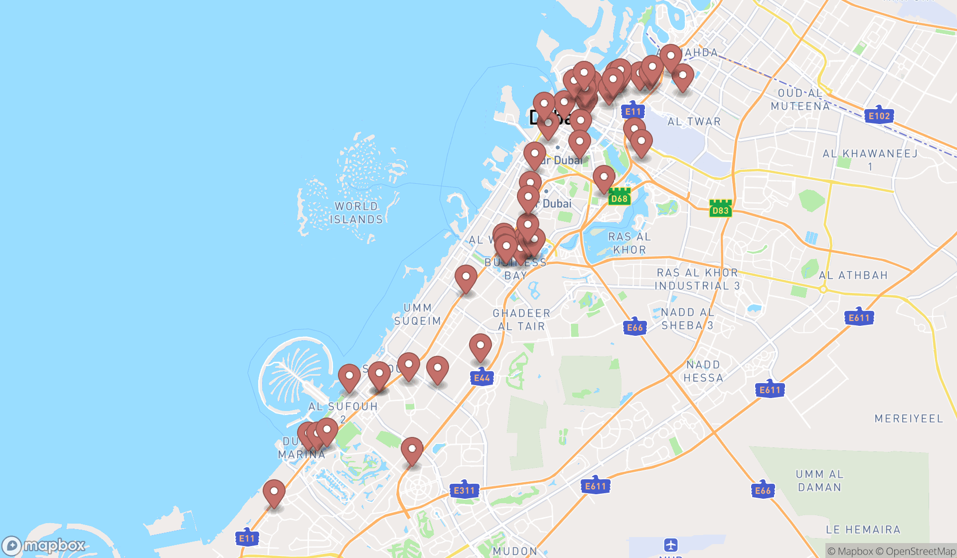 Map showing the search results in Dubai