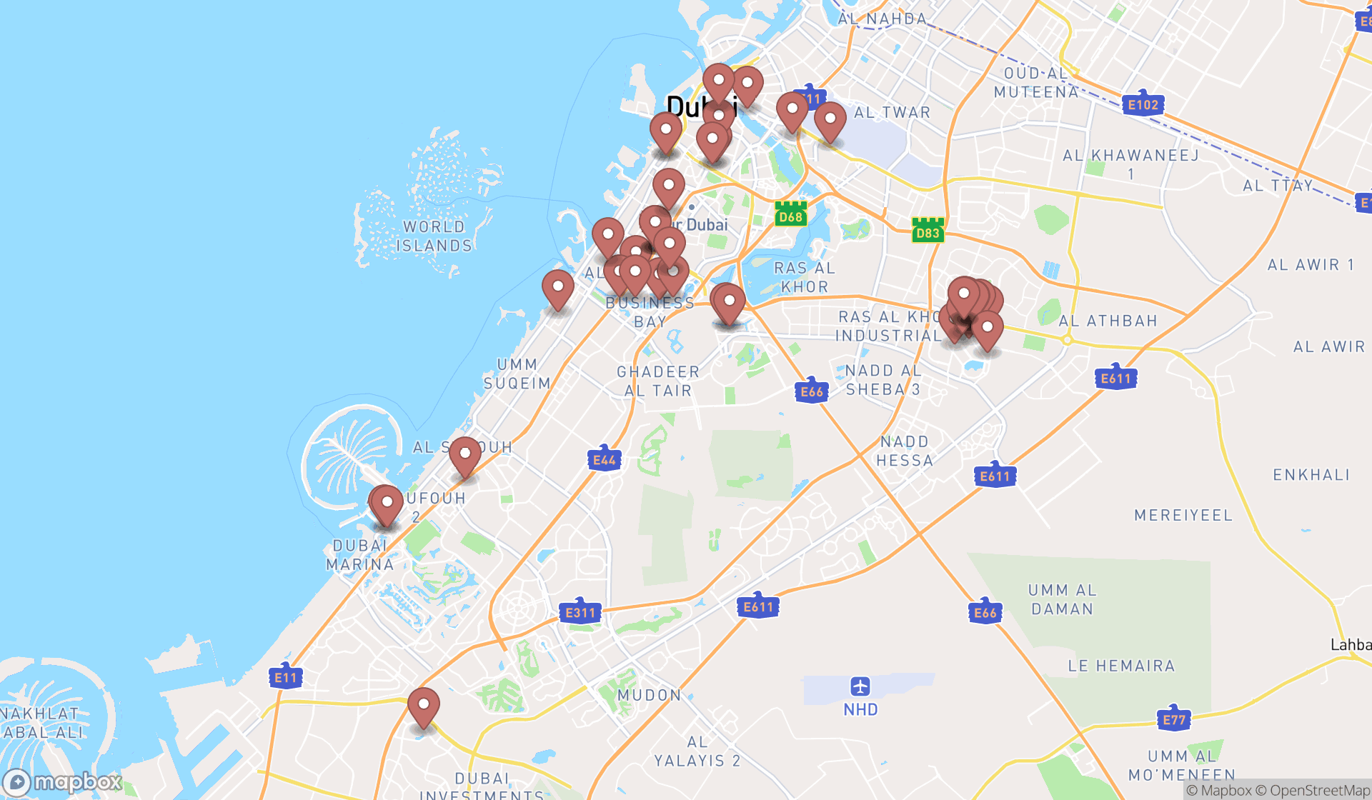 Map showing the search results in Dubai