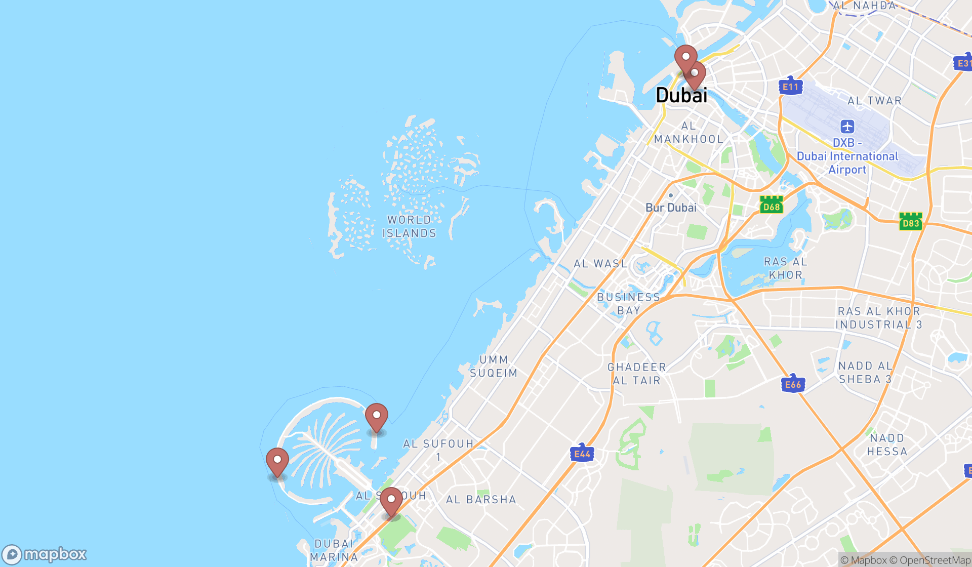Map showing the search results in Dubai