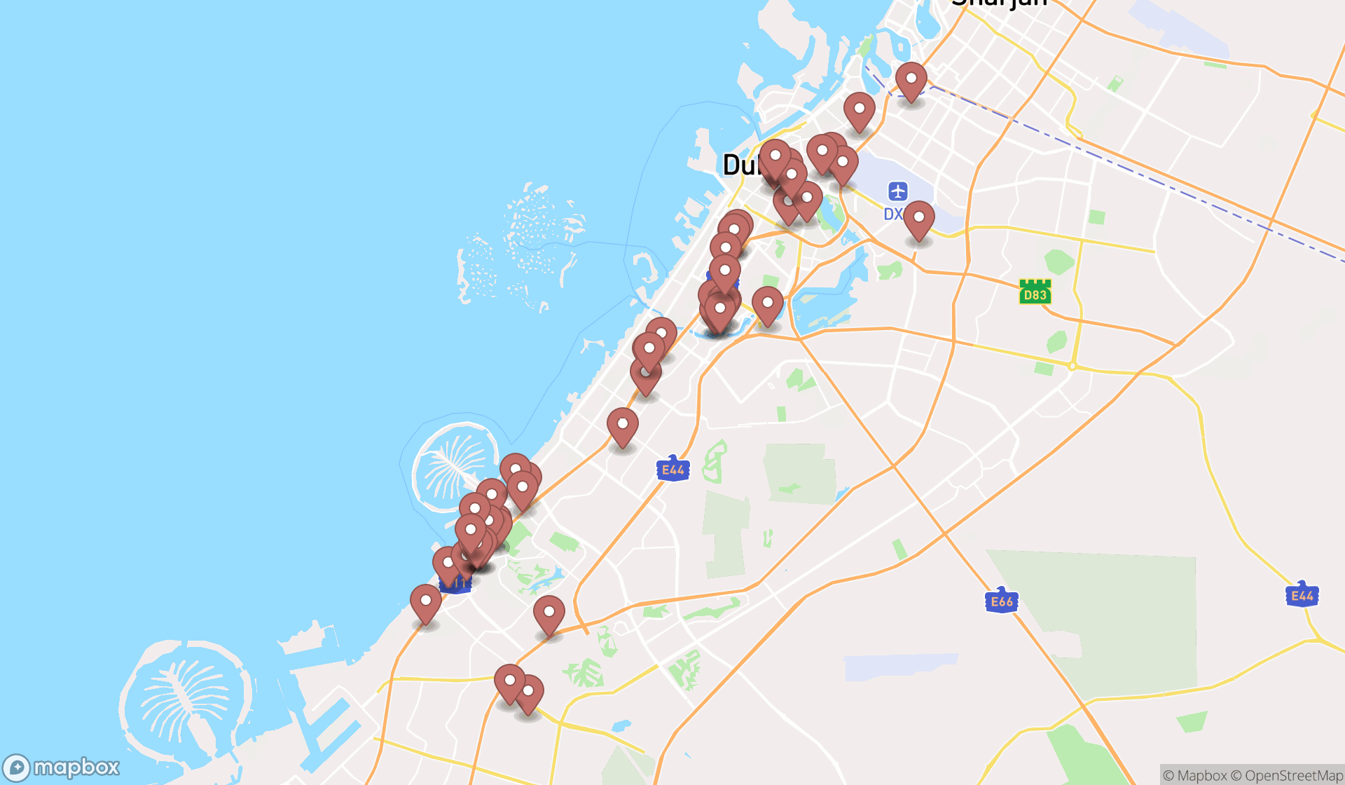 Map showing the search results in Dubai