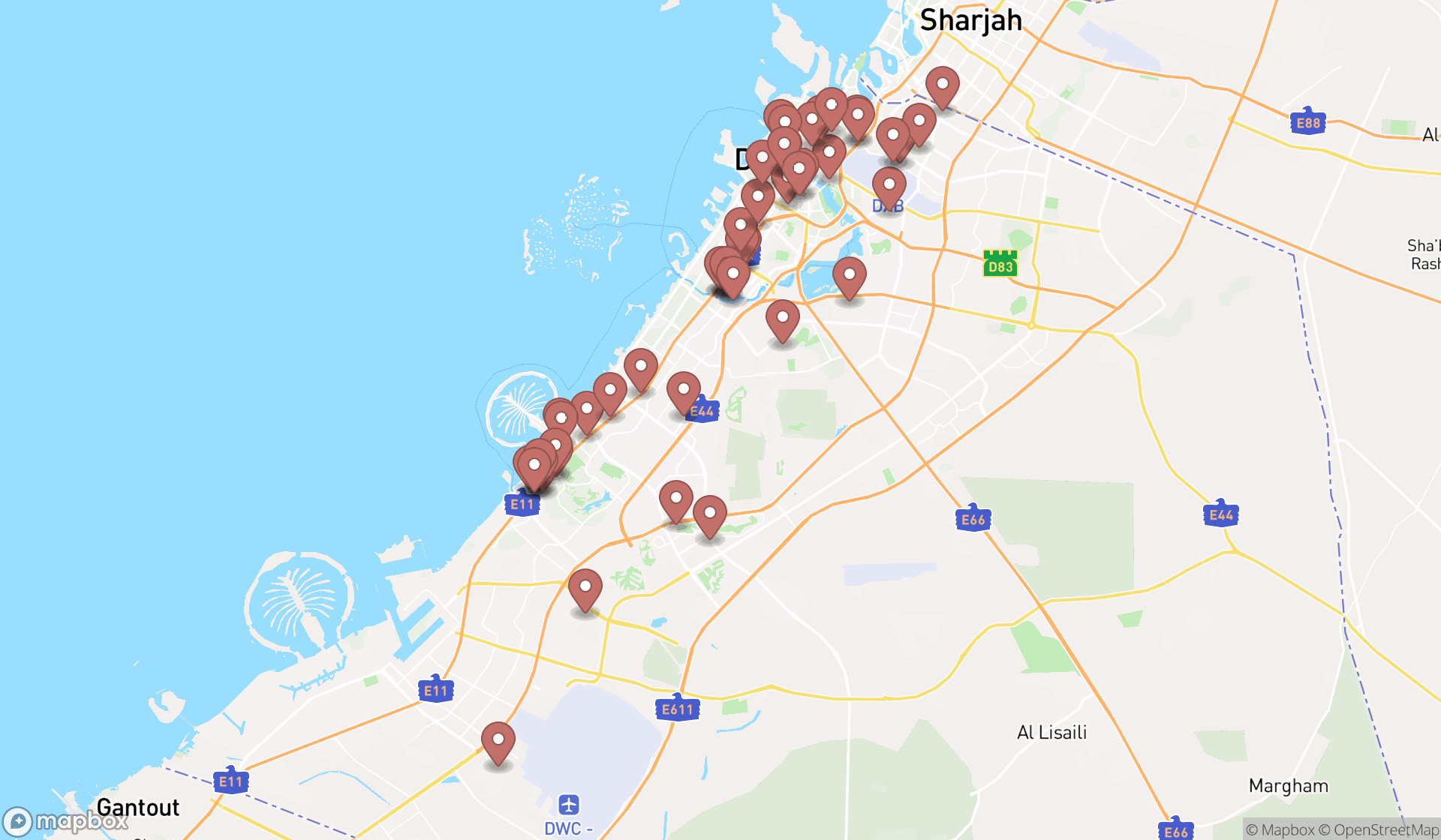 Map showing the search results in Dubai