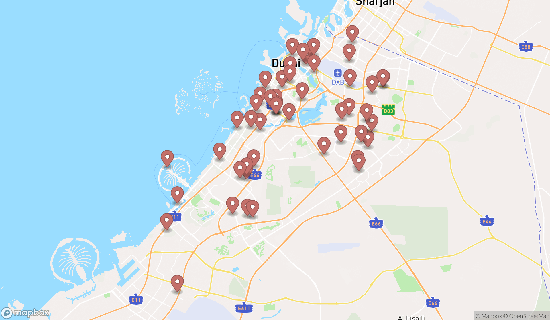 Map showing the search results in Dubai