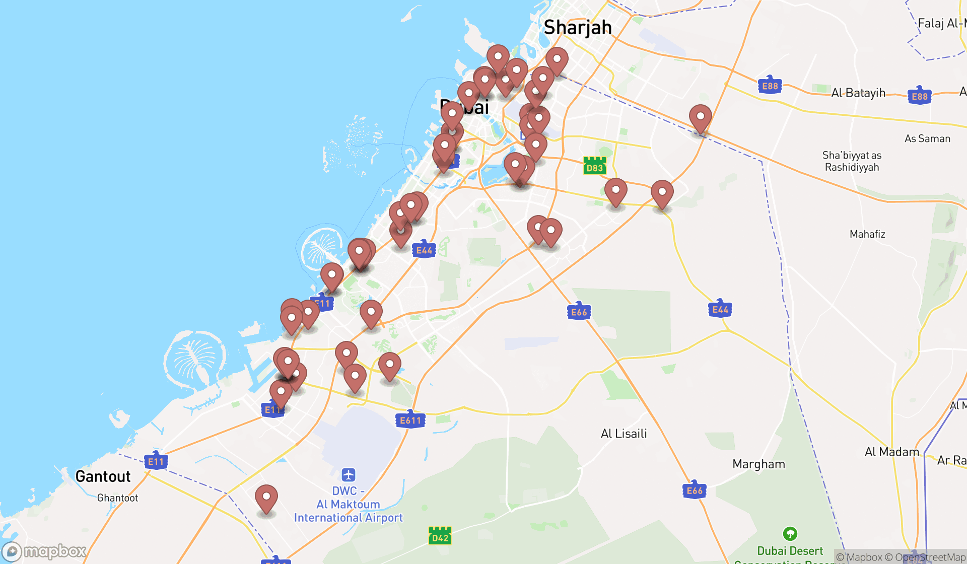 Map showing the search results in Dubai