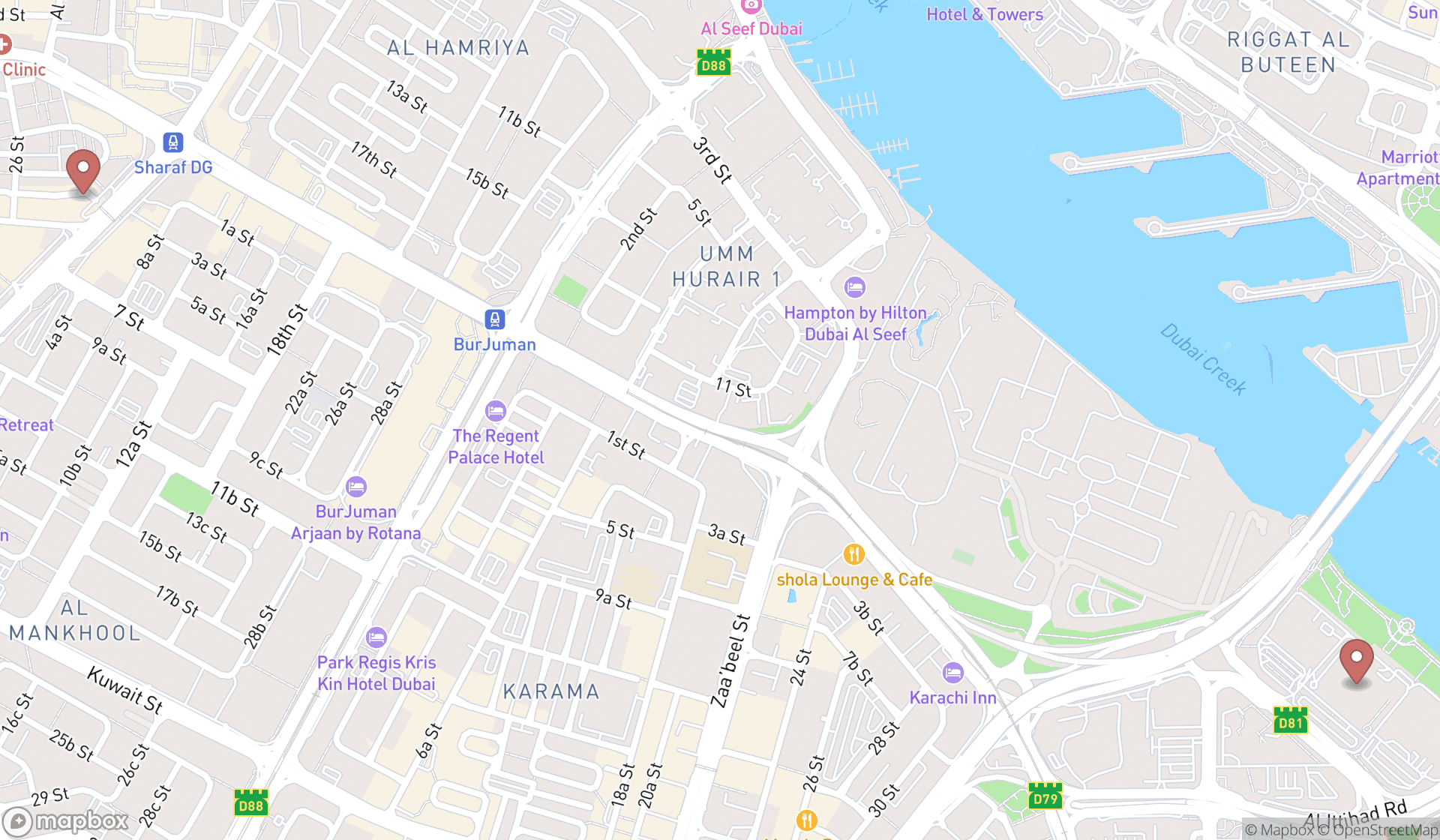 Map showing the search results in Dubai