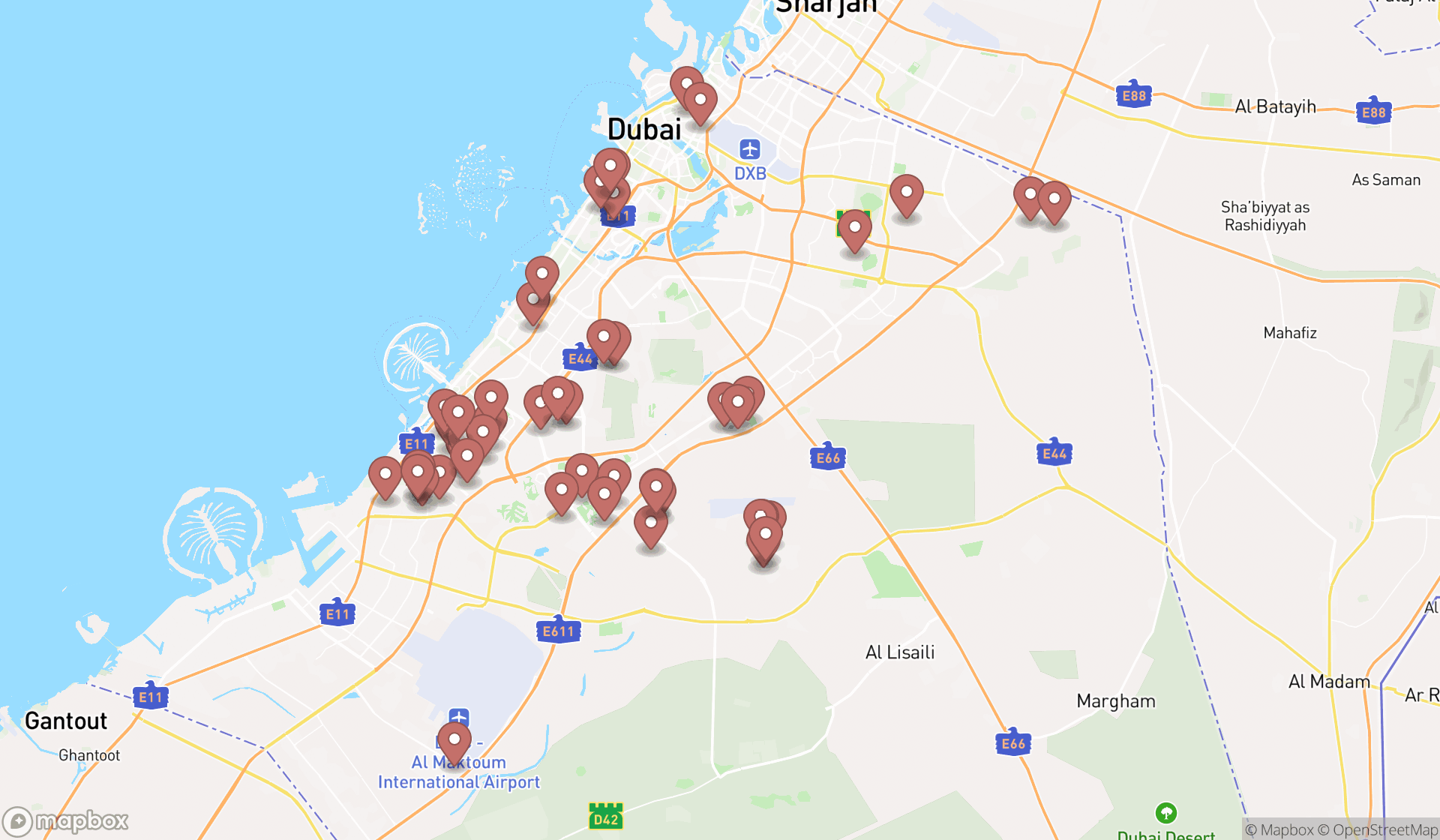 Map showing the search results in Dubai
