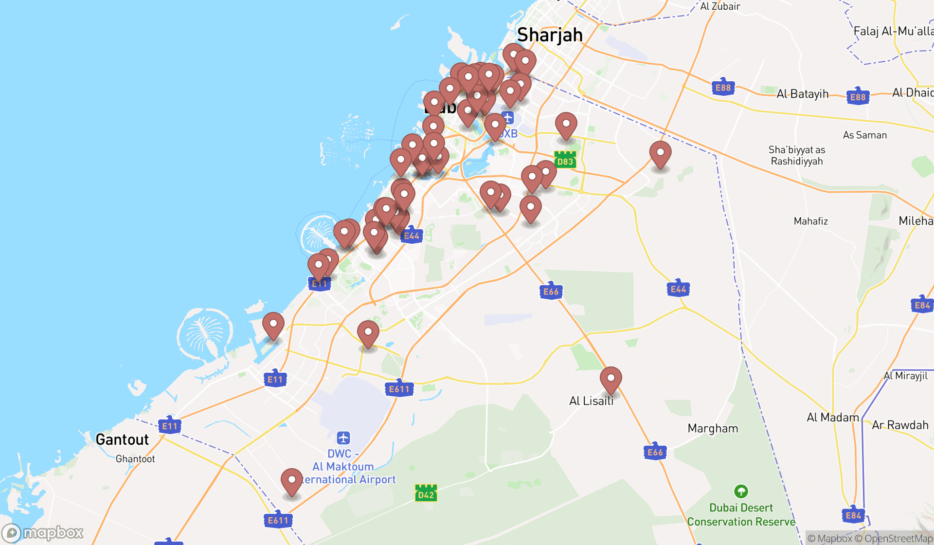 Map showing the search results in Dubai