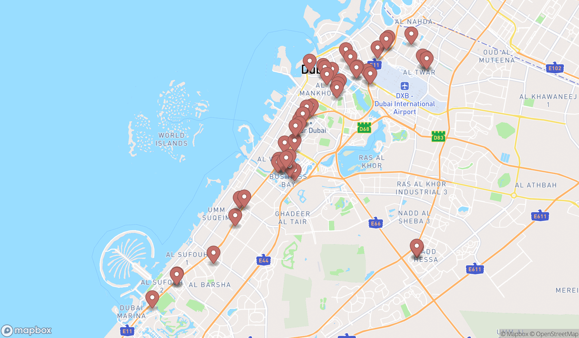 Map showing the search results in Dubai