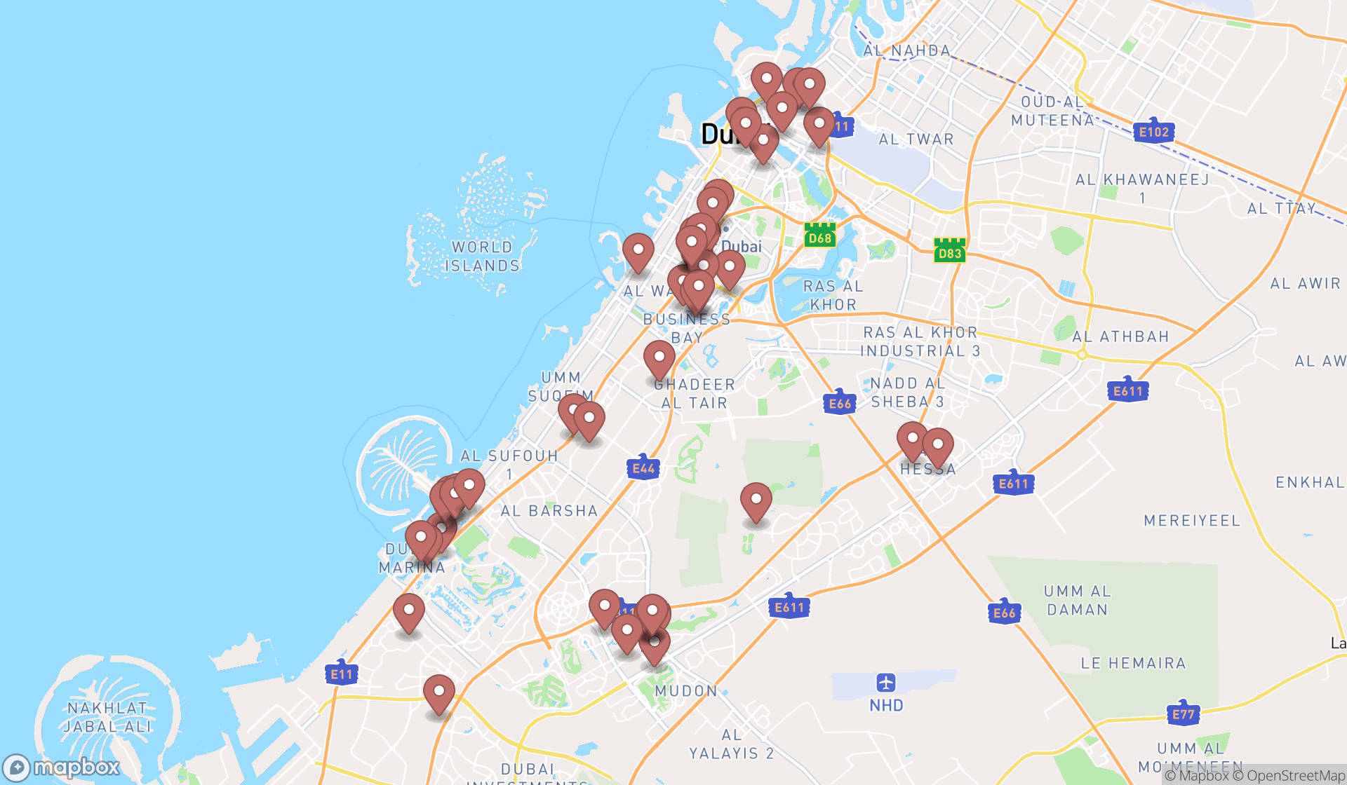 Map showing the search results in Dubai