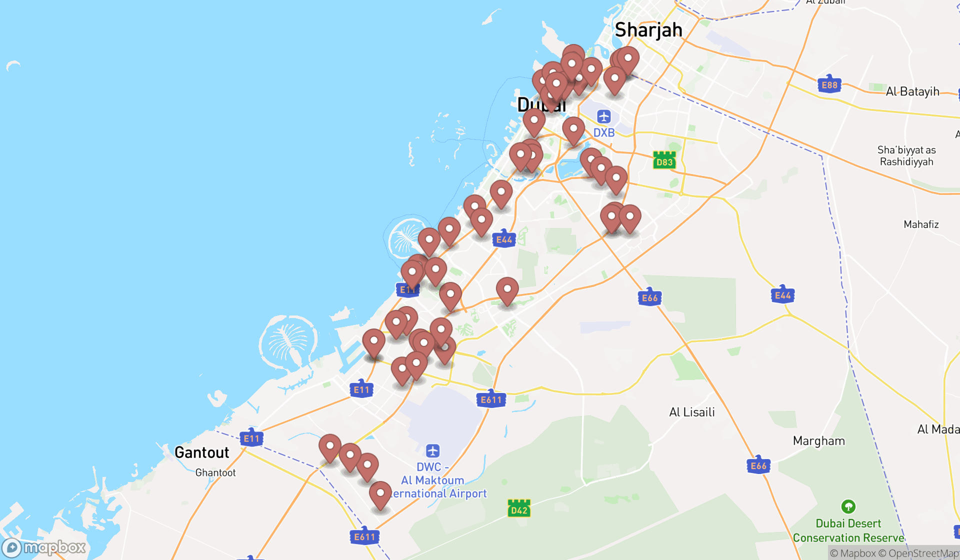 Map showing the search results in Dubai