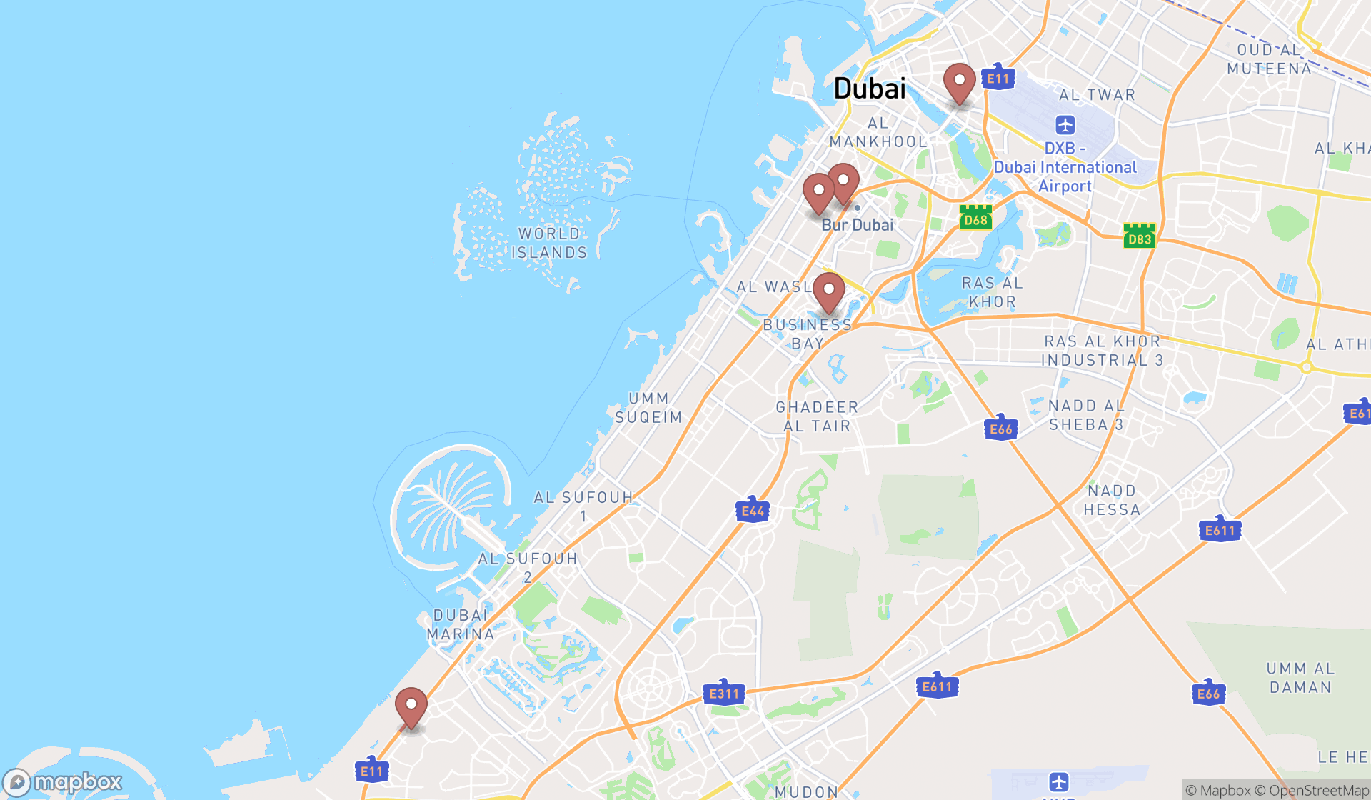 Map showing the search results in Dubai