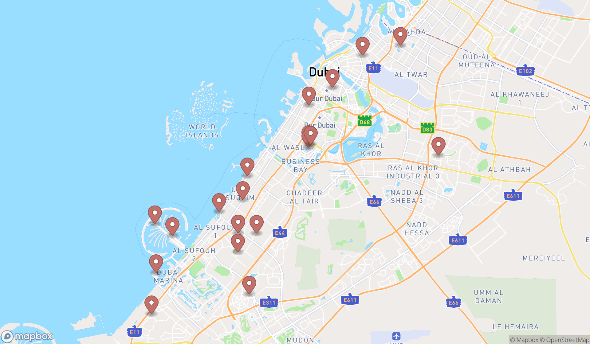Map showing the search results in Dubai