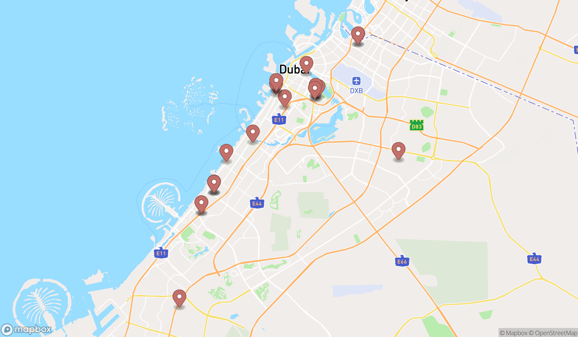 Map showing the search results in Dubai