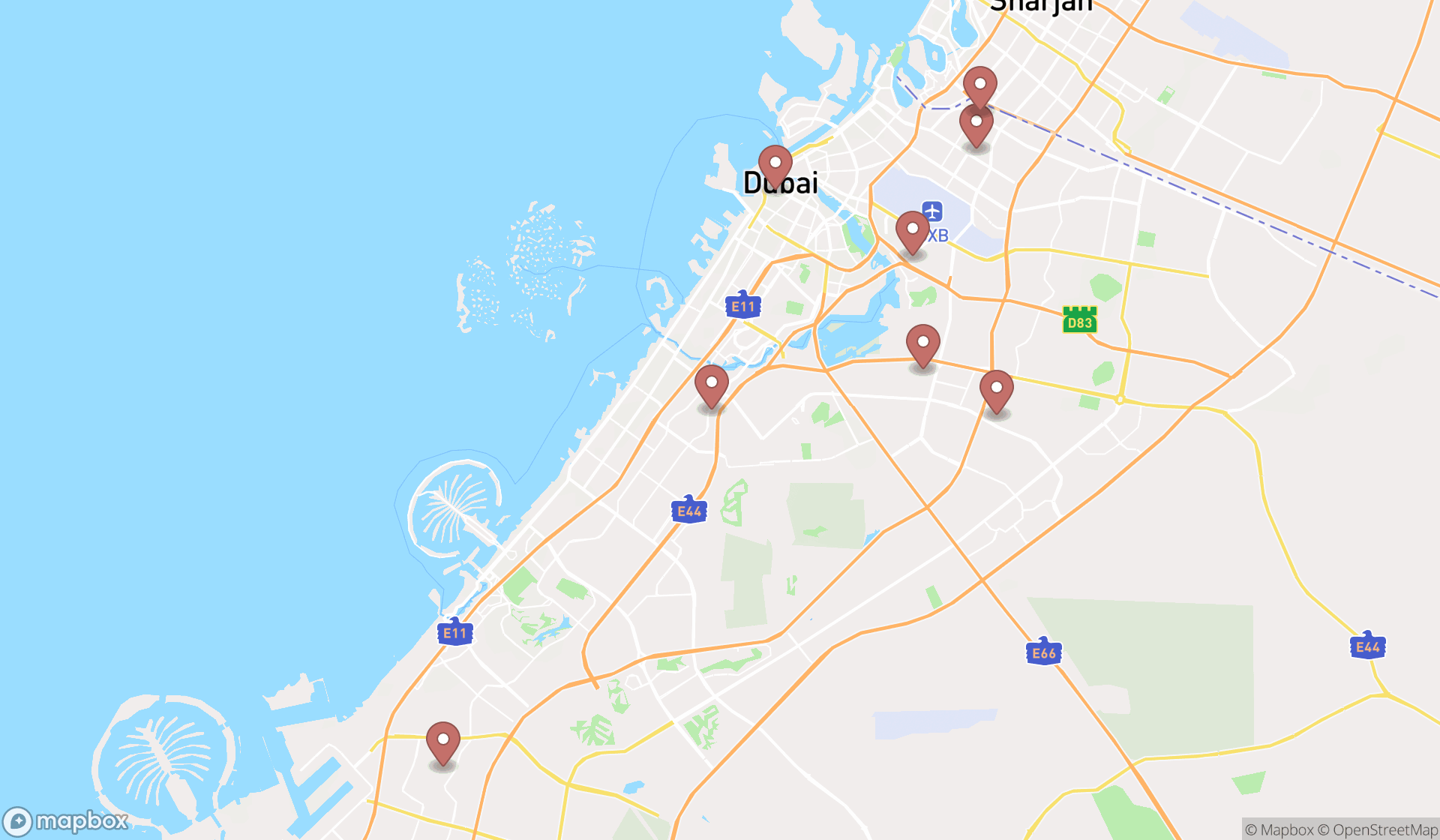 Map showing the search results in Dubai