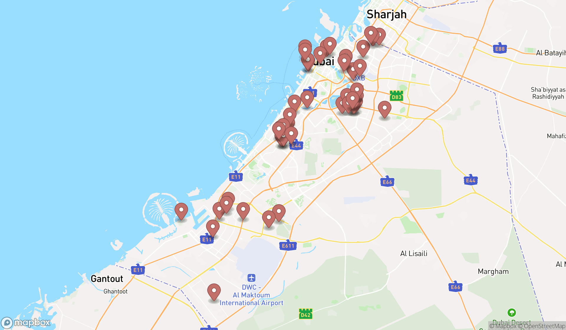 Map showing the search results in Dubai
