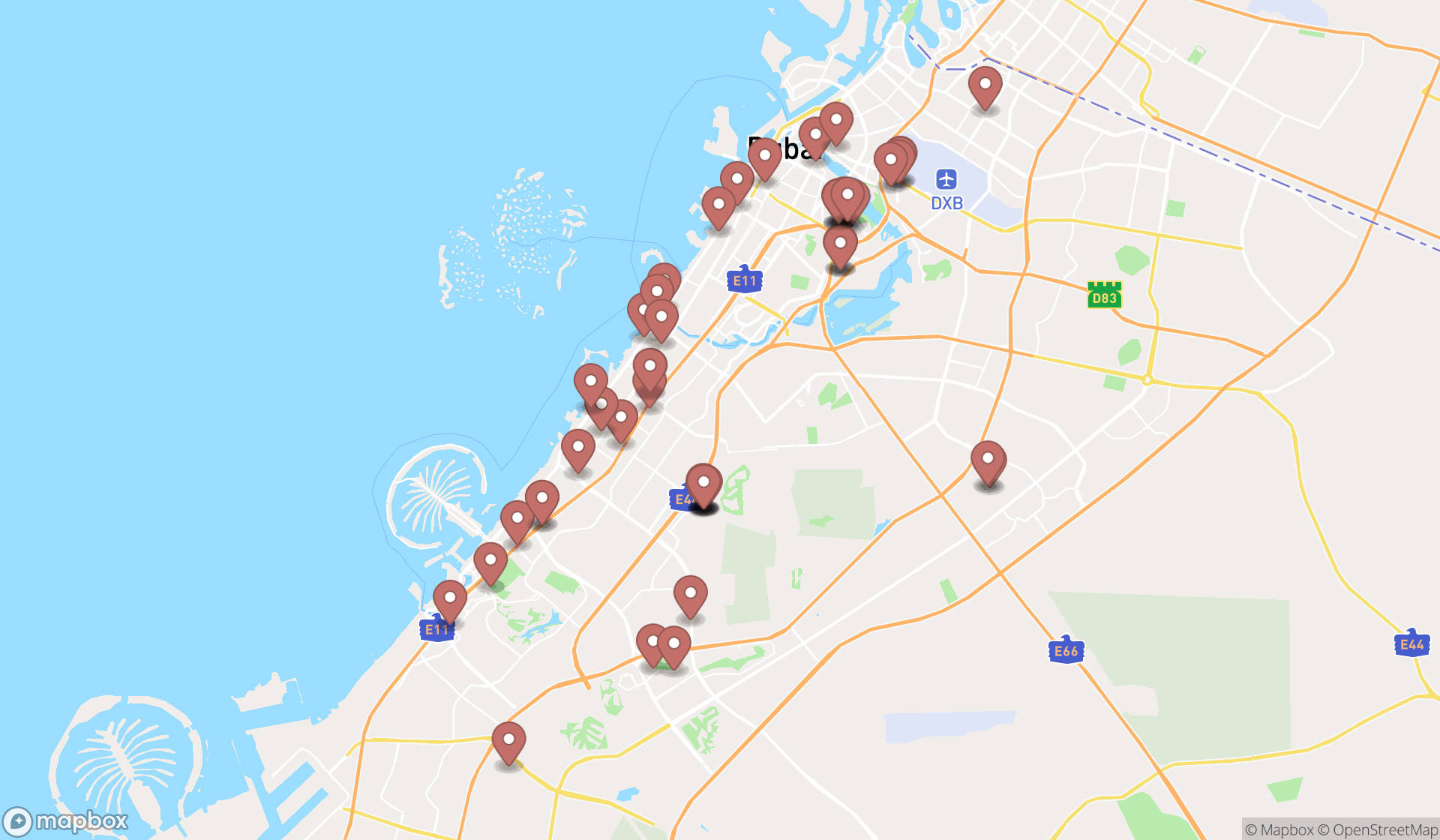 Map showing the search results in Dubai