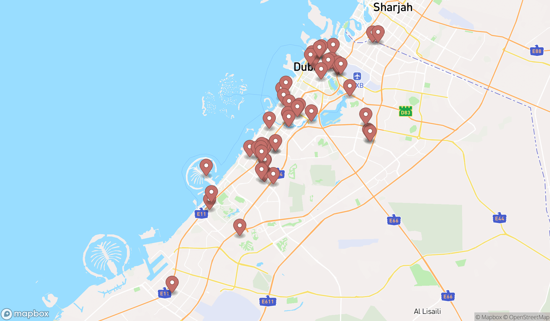 Map showing the search results in Dubai
