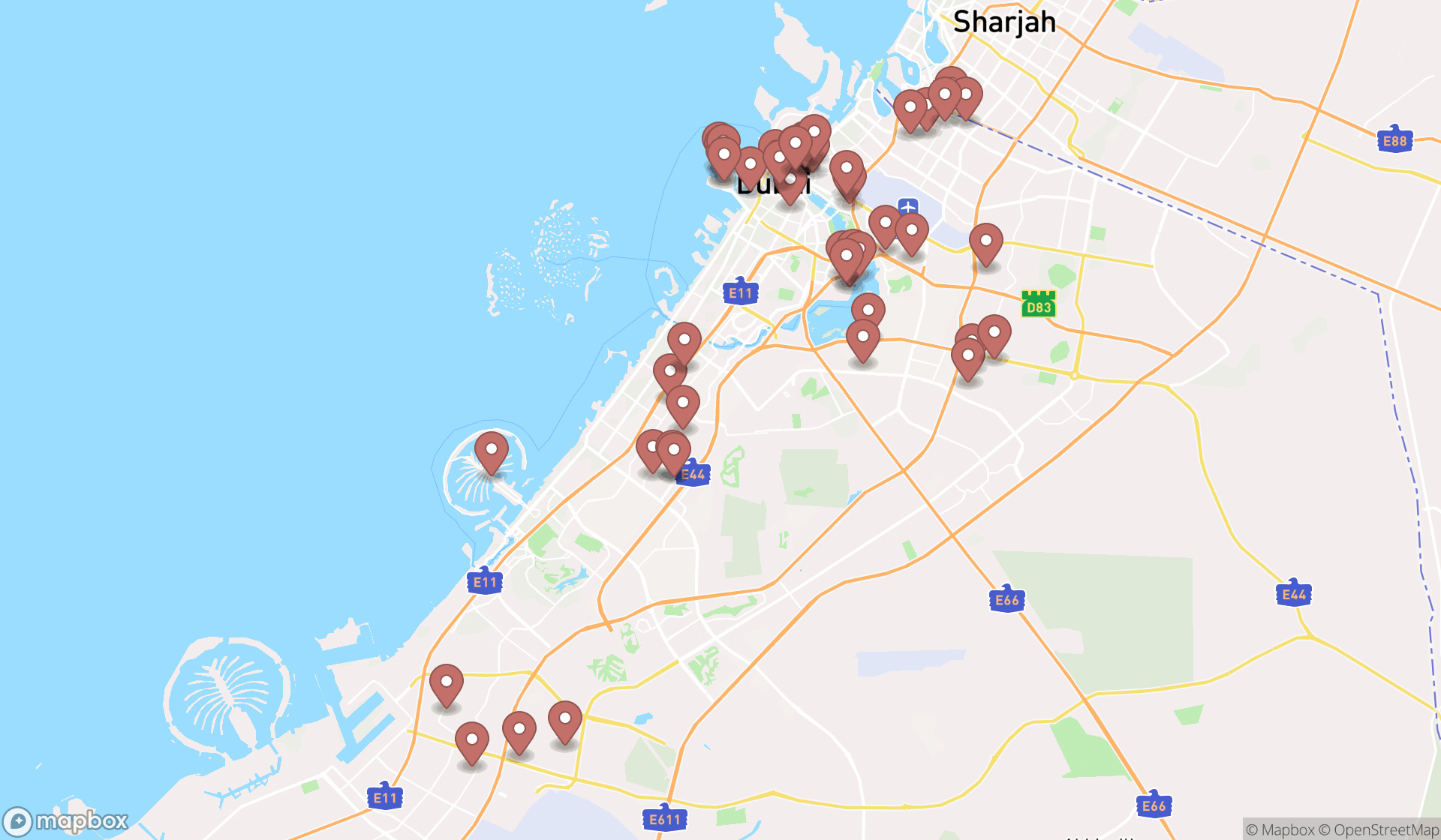 Map showing the search results in Dubai