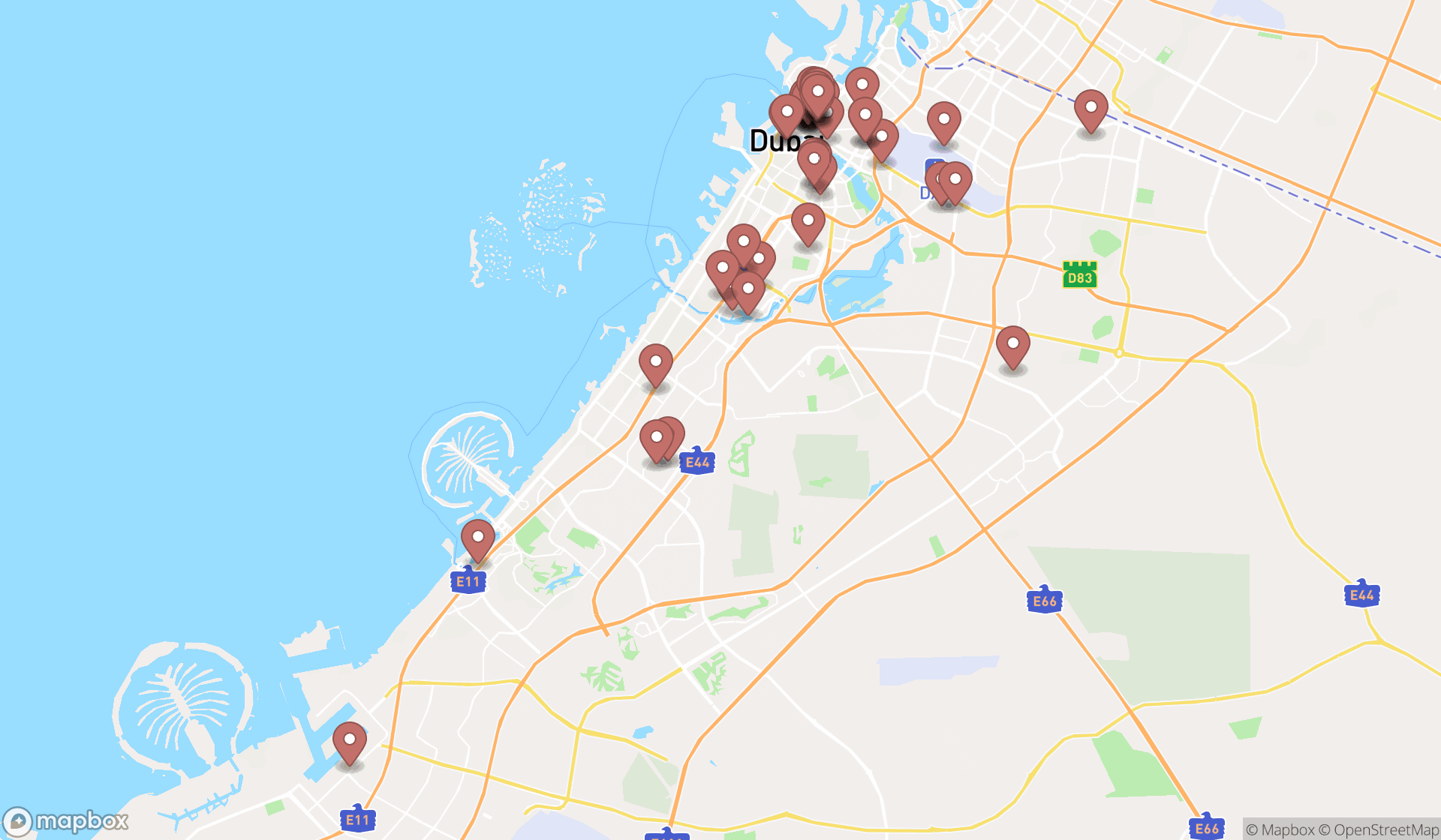 Map showing the search results in Dubai