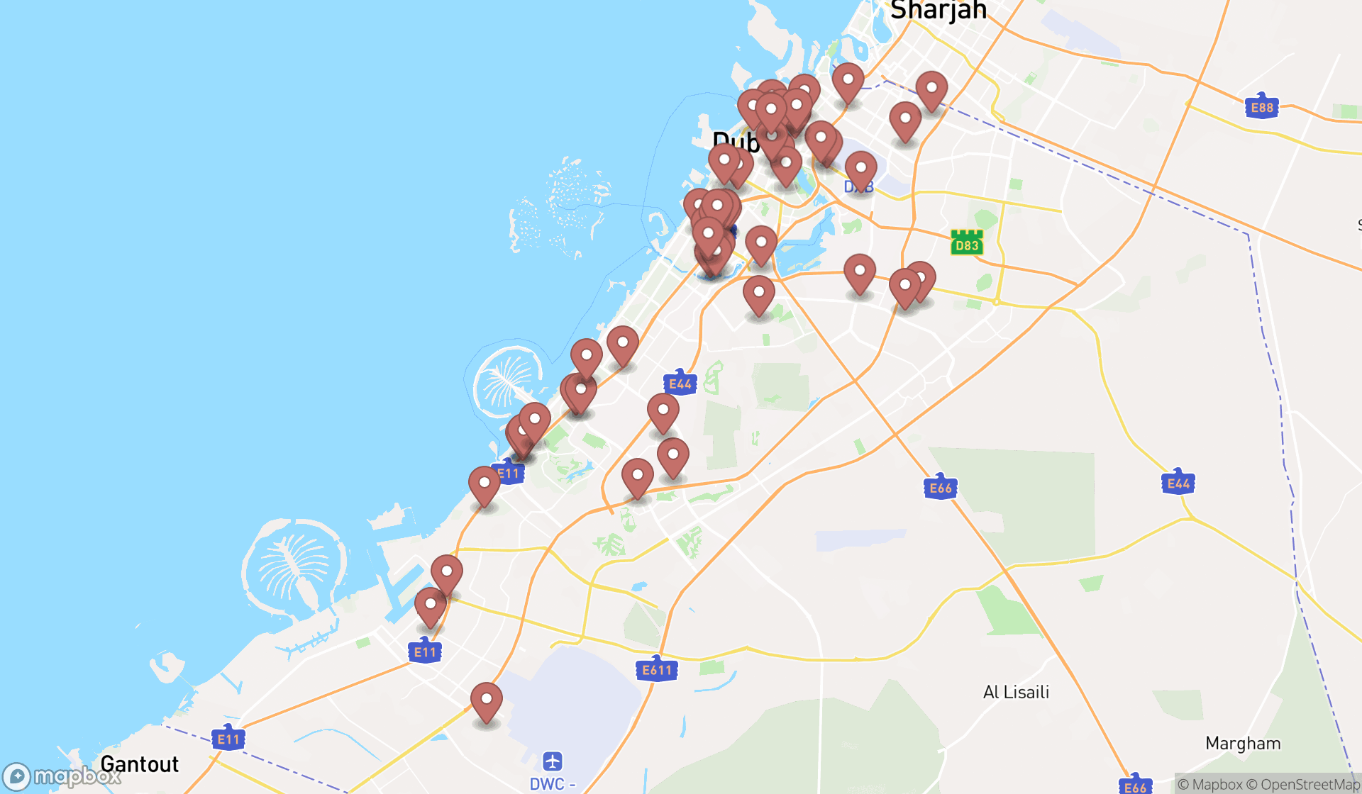 Map showing the search results in Dubai