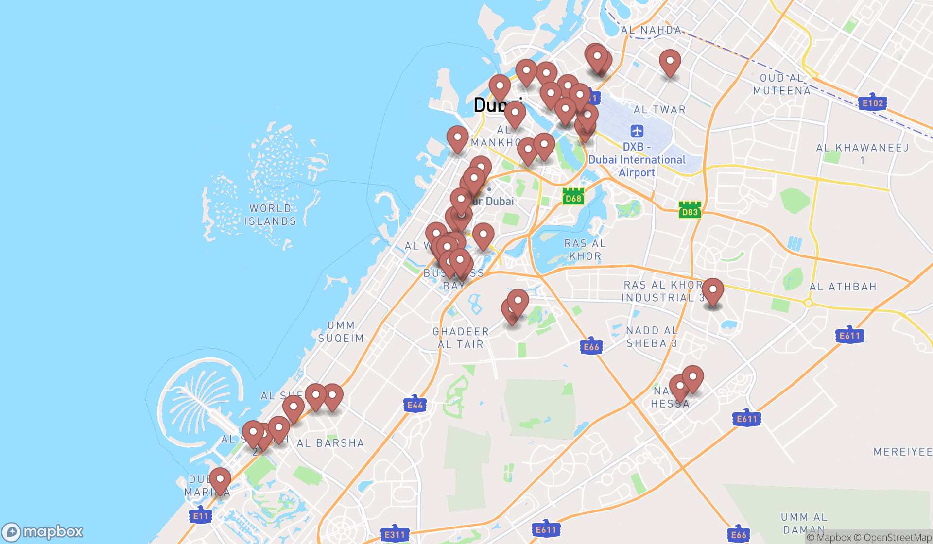 Map showing the search results in Dubai