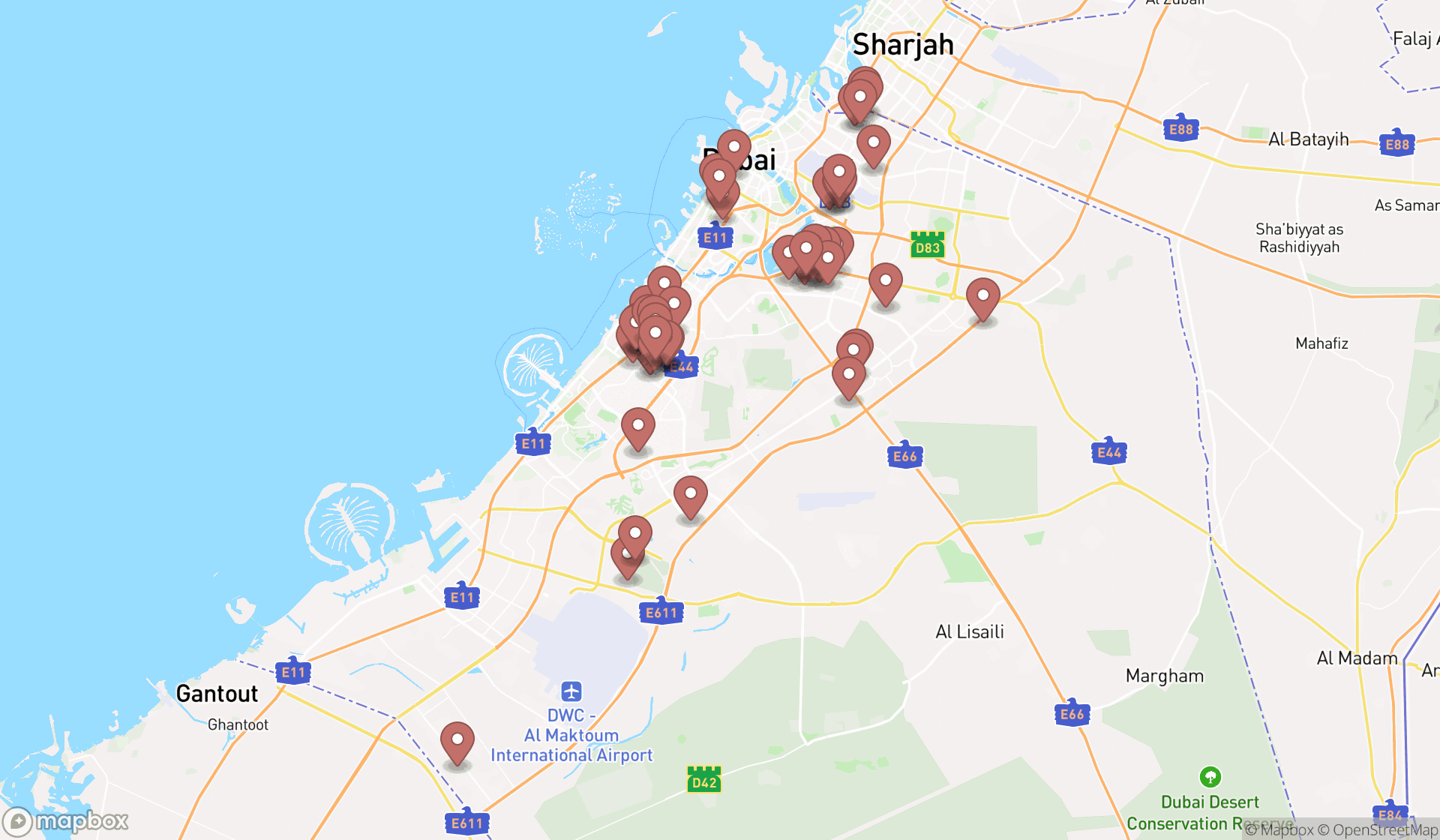 Map showing the search results in Dubai