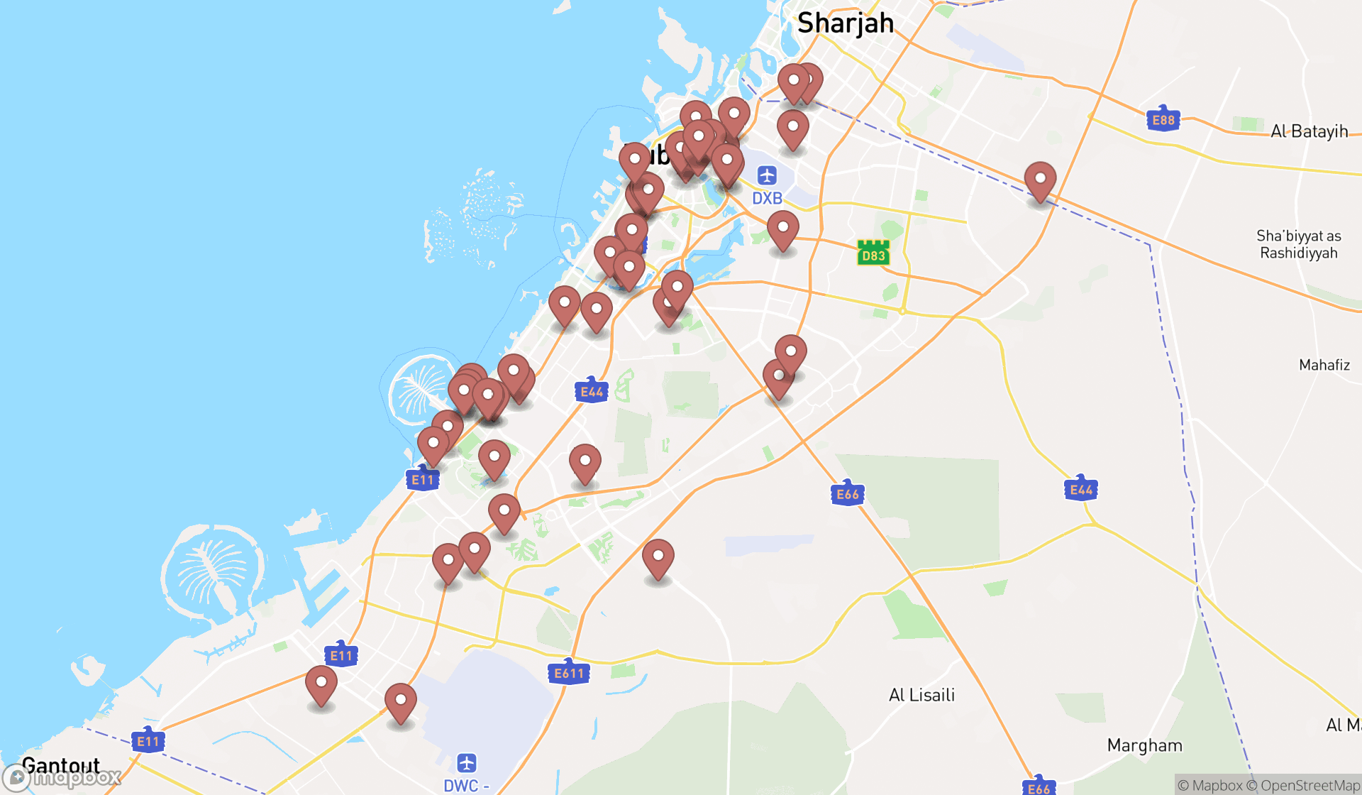 Map showing the search results in Dubai