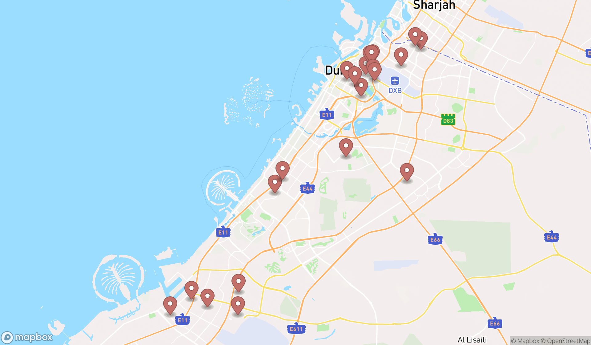 Map showing the search results in Dubai