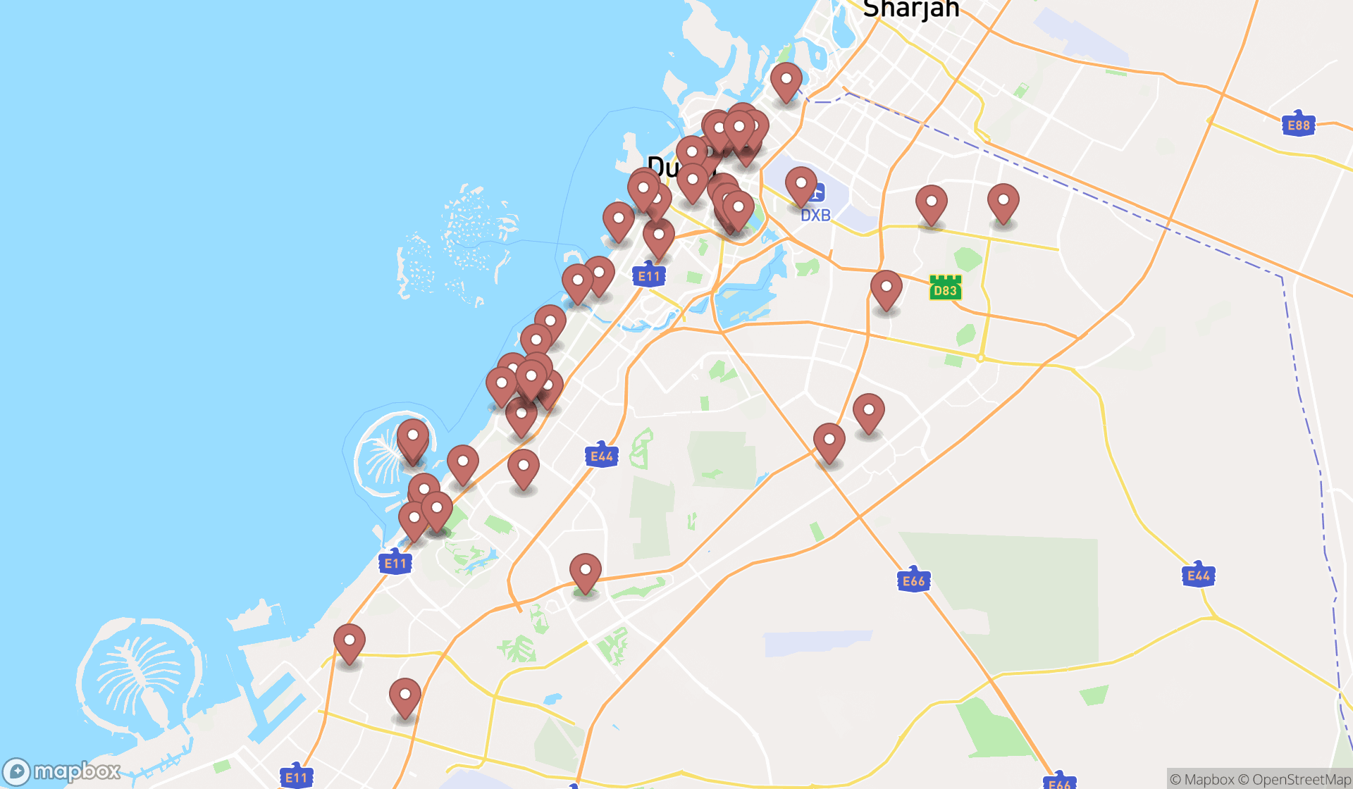Map showing the search results in Dubai