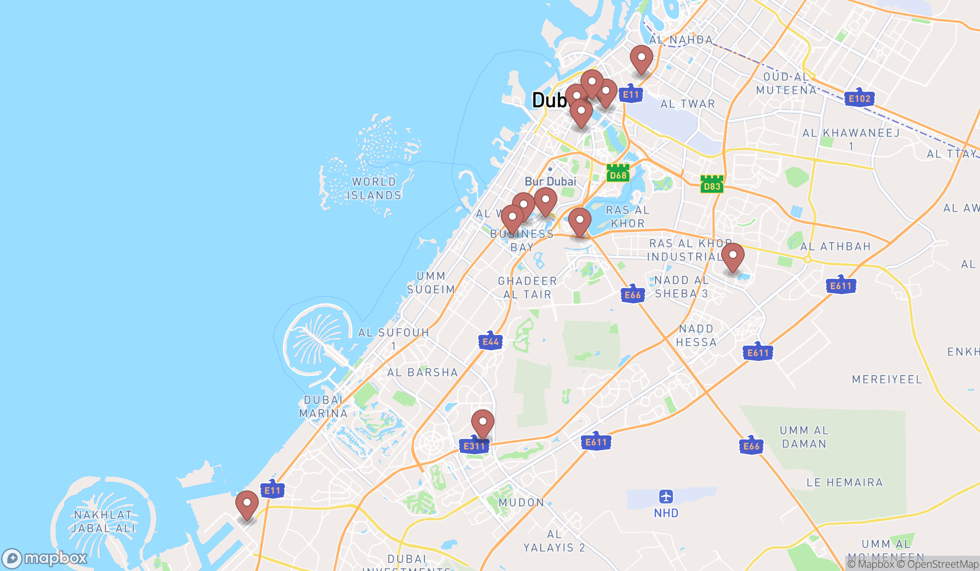 Map showing the search results in Dubai
