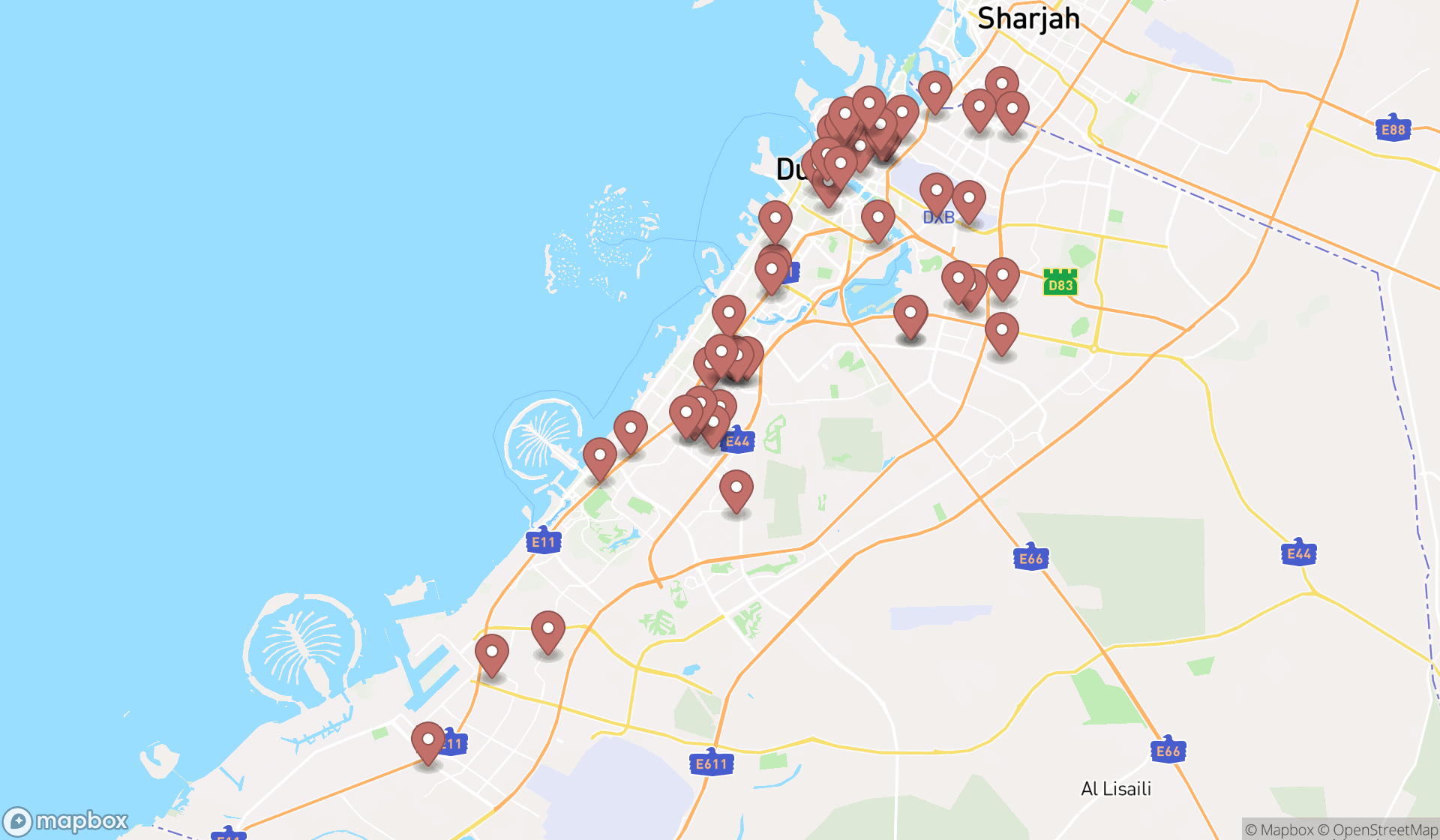 Map showing the search results in Dubai