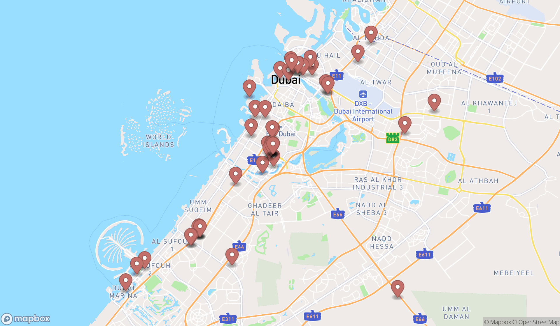 Map showing the search results in Dubai