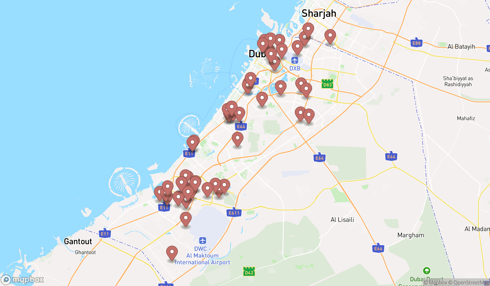 Map showing the search results in Dubai
