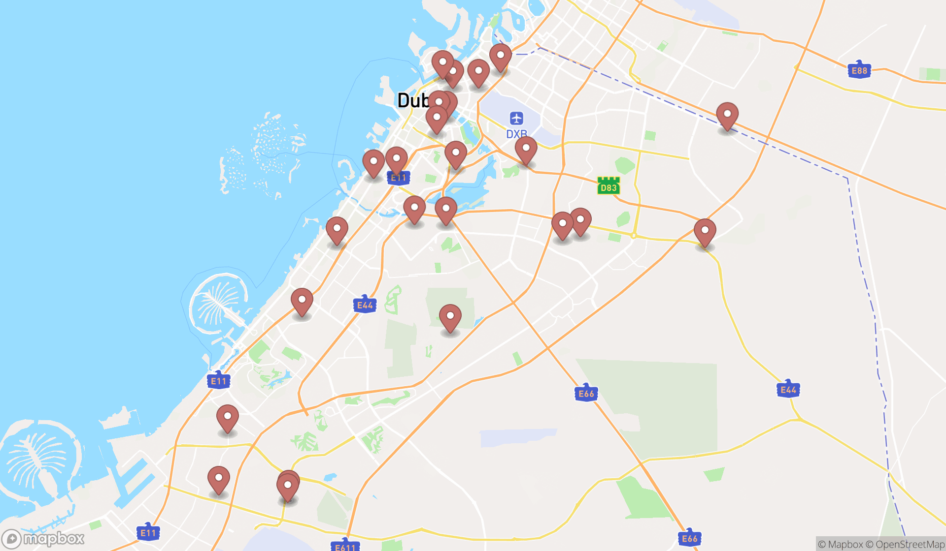 Map showing the search results in Dubai