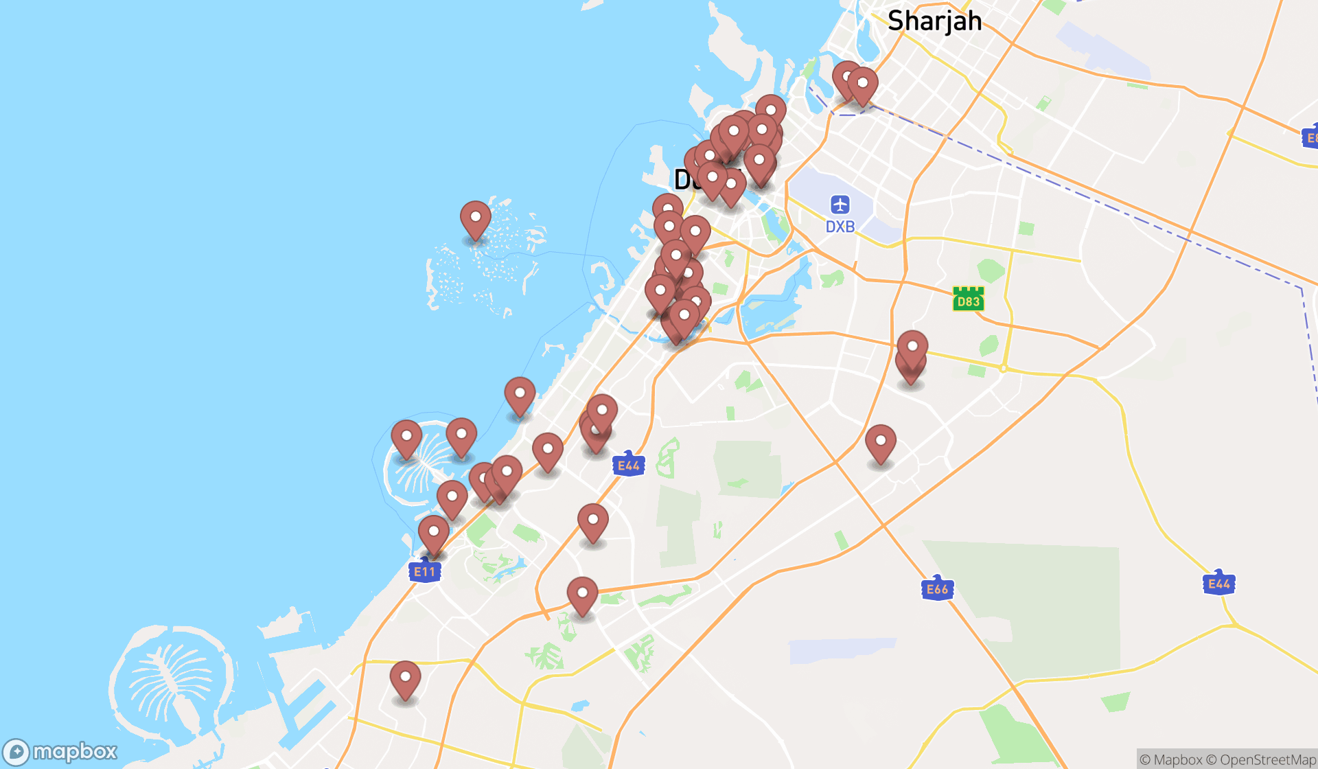 Map showing the search results in Dubai